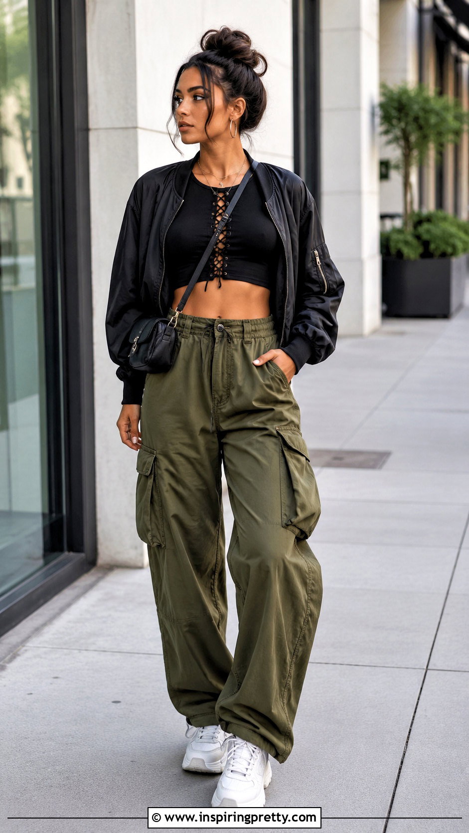Lace Up Crop Top With Cargo Pants - 20 Lace-Up Crop Top Style outfit ideas