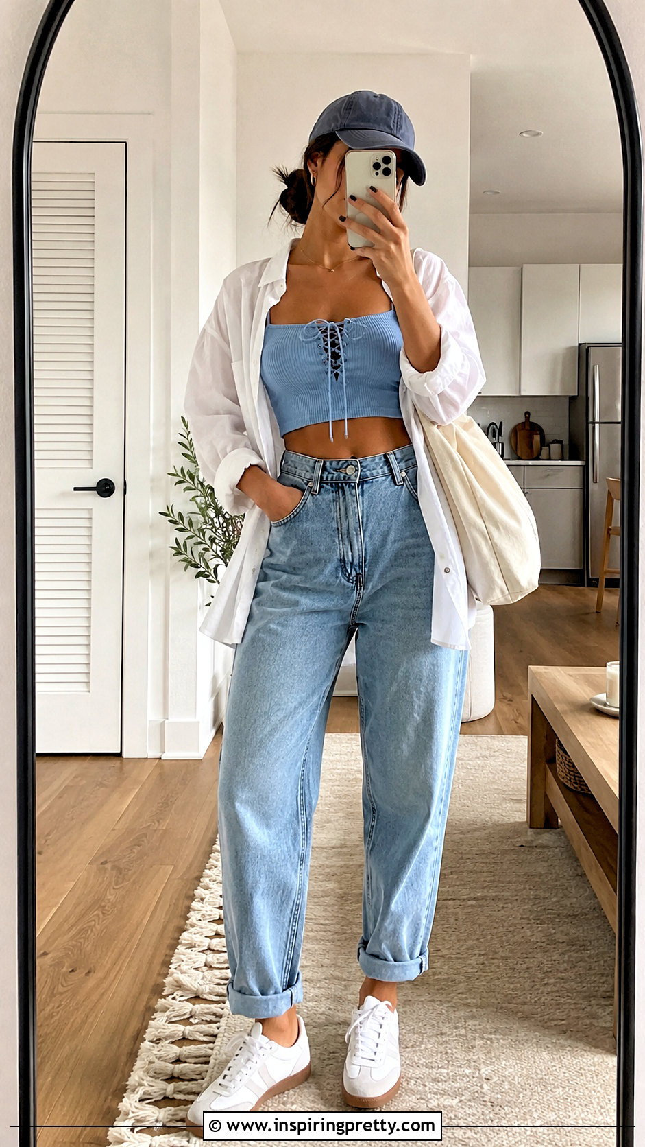 Lace Up Front Crop Top With High Waisted Mom Jeans - 20 Lace Up Front Crop Top outfit ideas