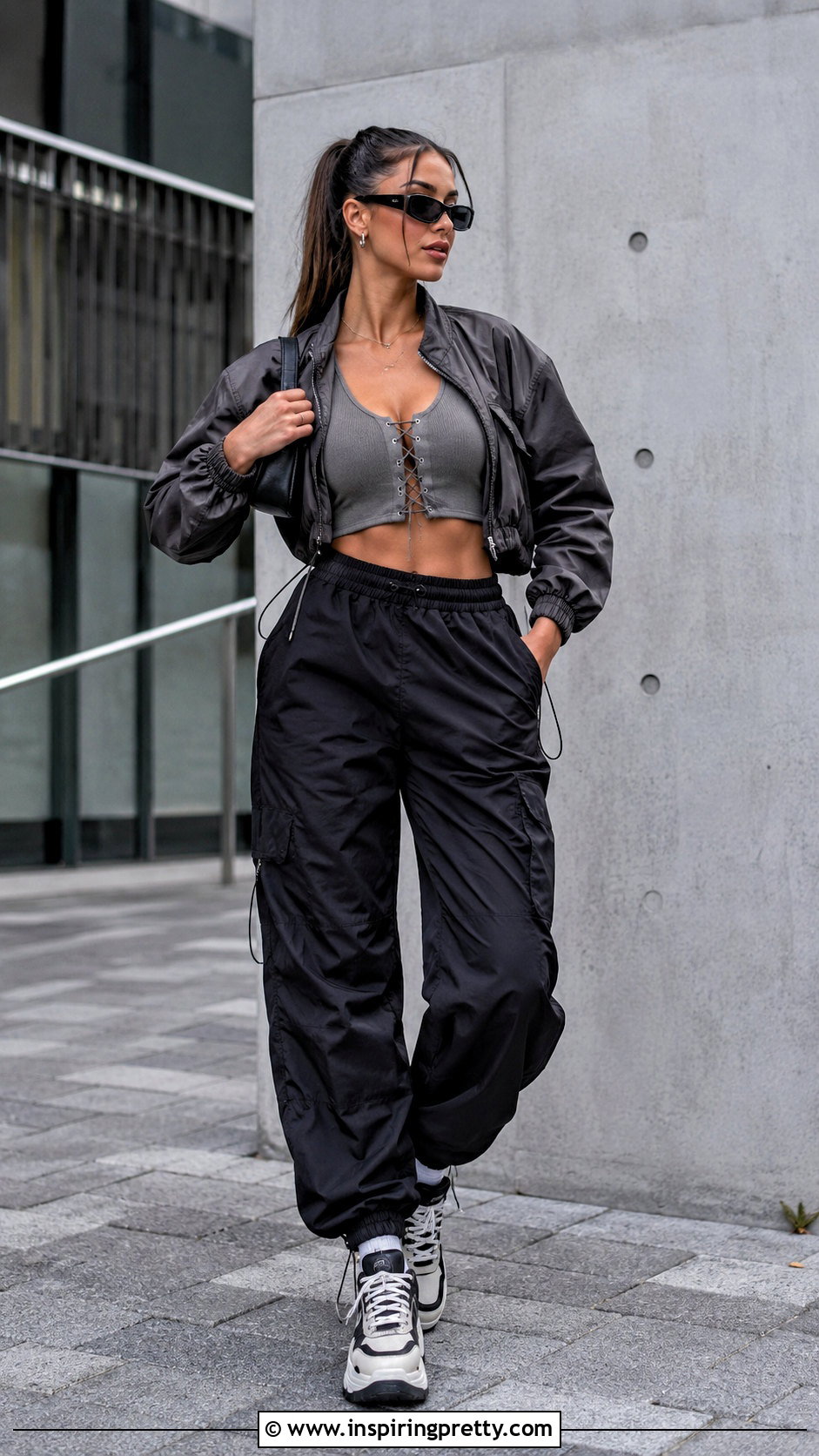 Lace Up Front Crop Top With Parachute Pants - 20 Lace Up Front Crop Top outfit ideas