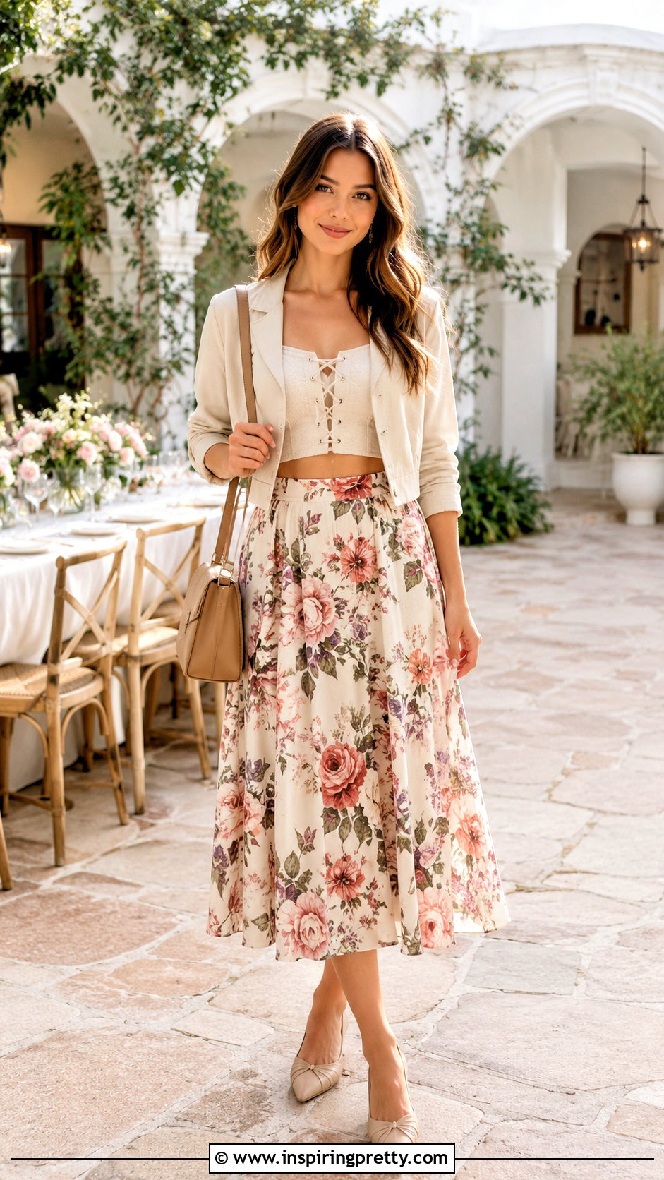 Lace Up Front Crop Top With Printed Midi Skirt - 20 Lace Up Front Crop Top outfit ideas