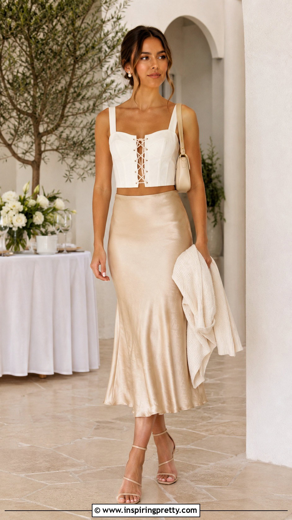 Lace Up Front Crop Top With Satin Midi Skirt - 20 Lace Up Front Crop Top outfit ideas