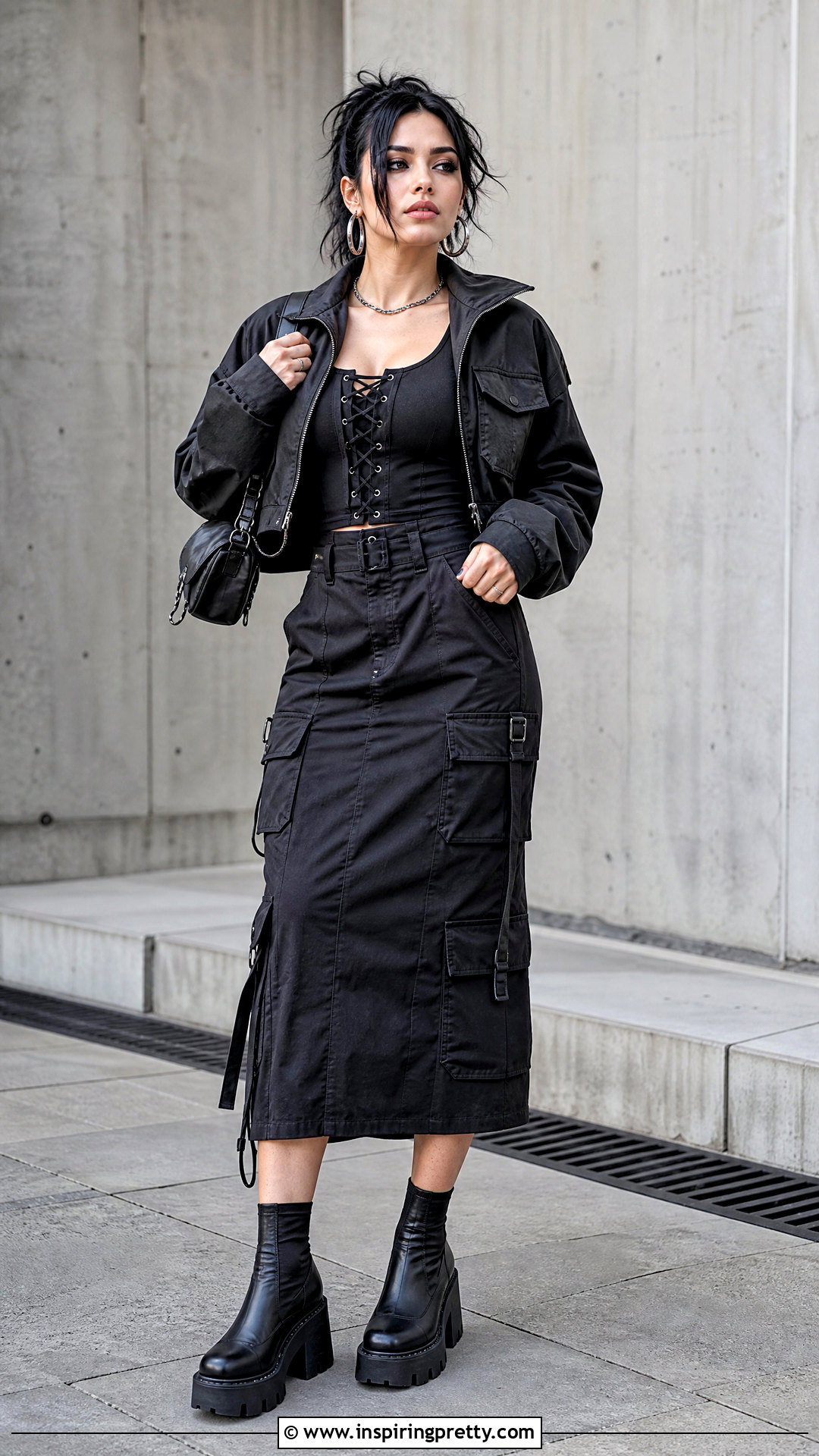 Lace Up Gothic Top With Cargo Skirt - 50 gothic tops outfit ideas
