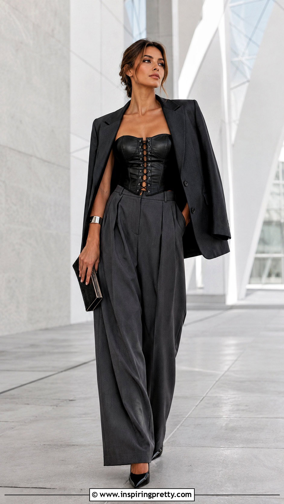 Lace Up Leather Corset Top With Wide Leg Pants - 20 lace up leather top outfit ideas