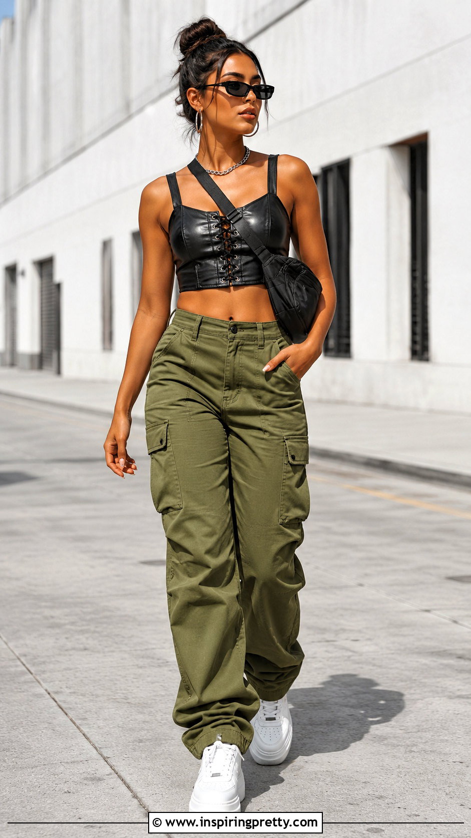 Lace Up Leather Crop Top With Cargo Pants - 20 lace up leather top outfit ideas