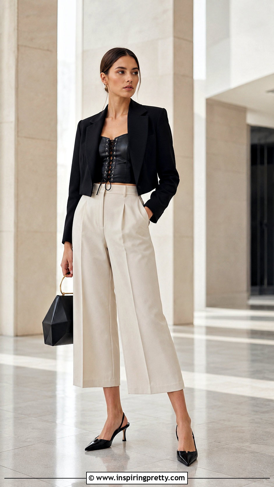 Lace Up Leather Top With High Waisted Culottes - 20 lace up leather top outfit ideas