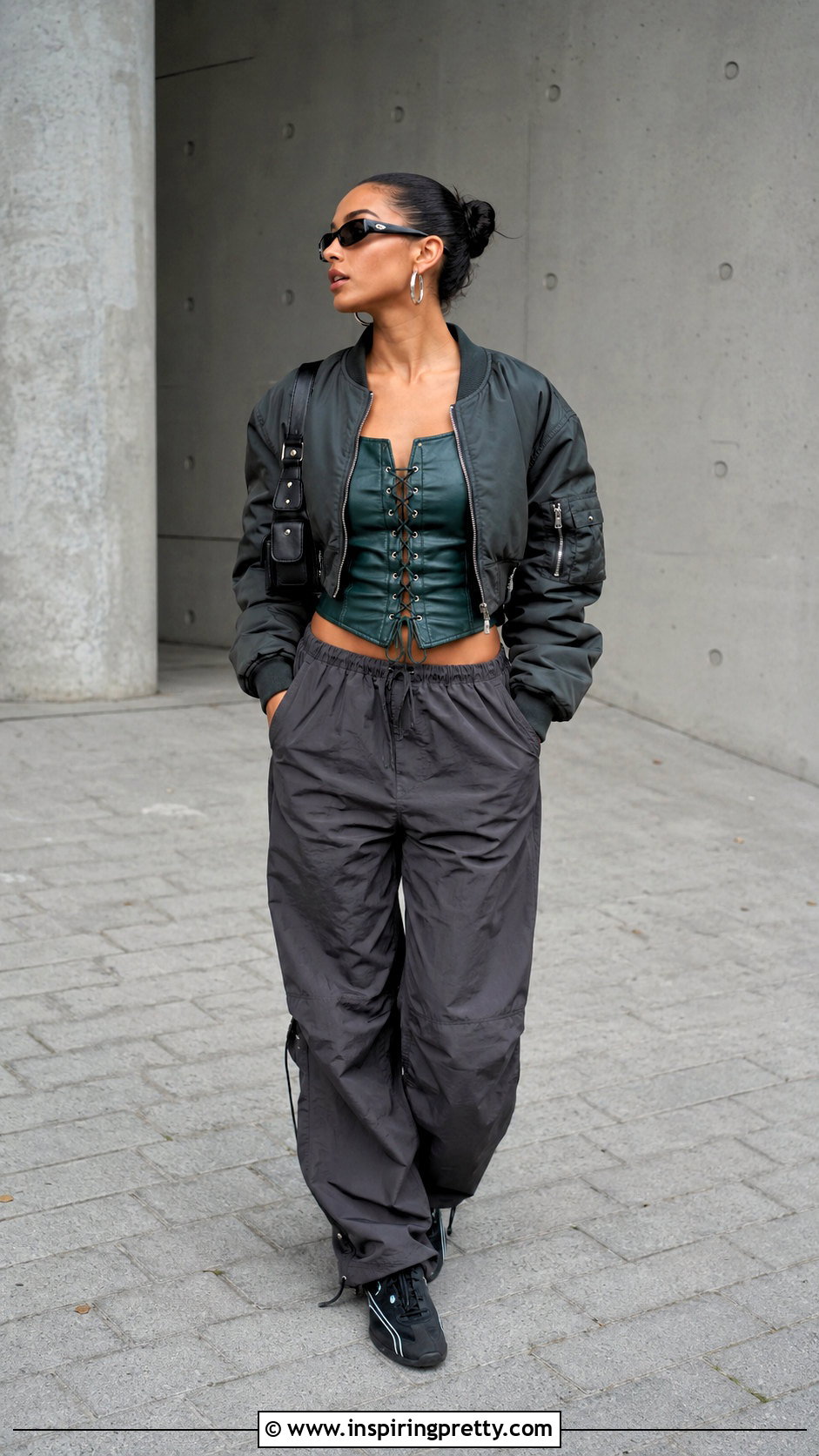 Lace Up Leather Top With Parachute Pants - 20 lace up leather top outfit ideas