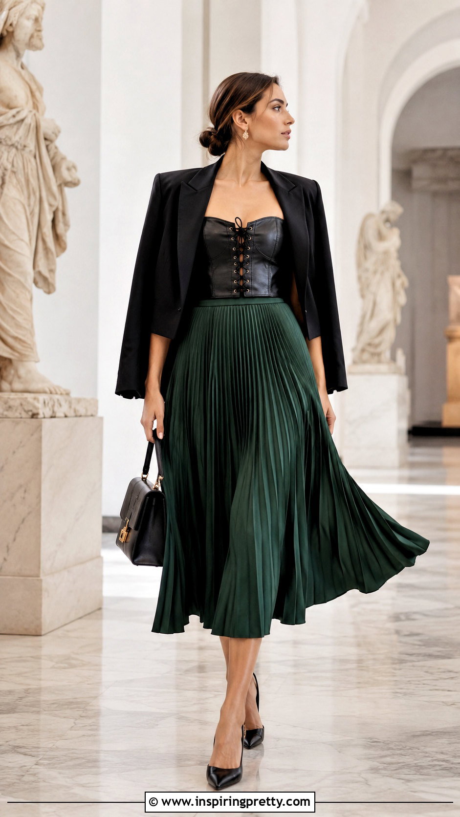 Lace Up Leather Top With Pleated Midi Skirt - 20 lace up leather top outfit ideas