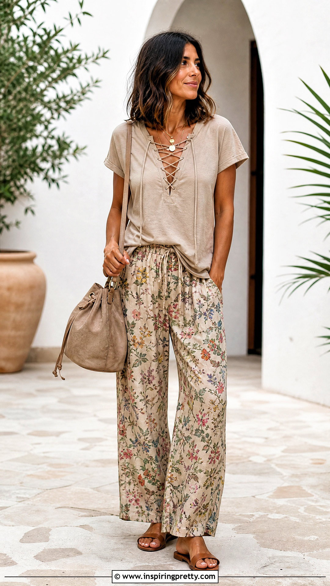 Lace Up T Shirt With Printed Pants - 25 diy boho tops upcycled clothing ideas