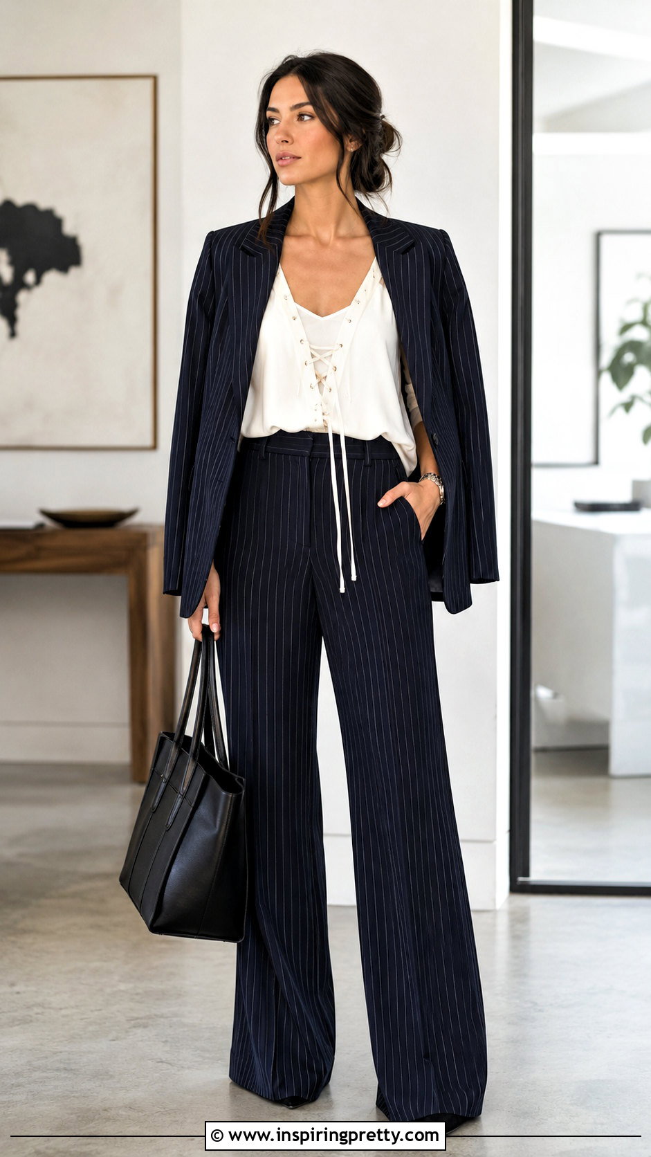 Lace Up Top With Pinstripe Trousers - 50 lace up top outfit ideas