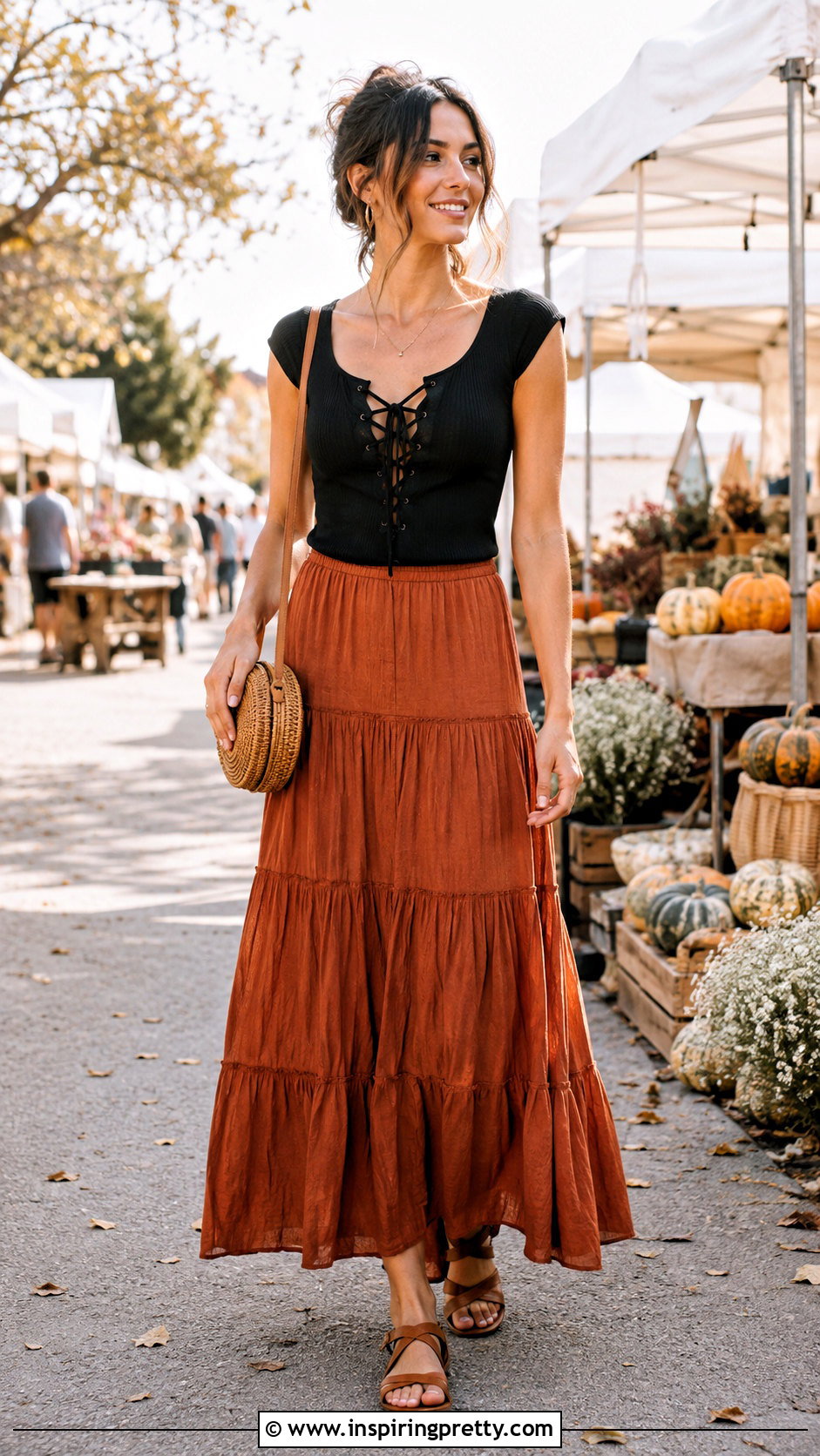 Lace Up Top With Tiered Maxi Skirt - 50 lace up top outfit ideas