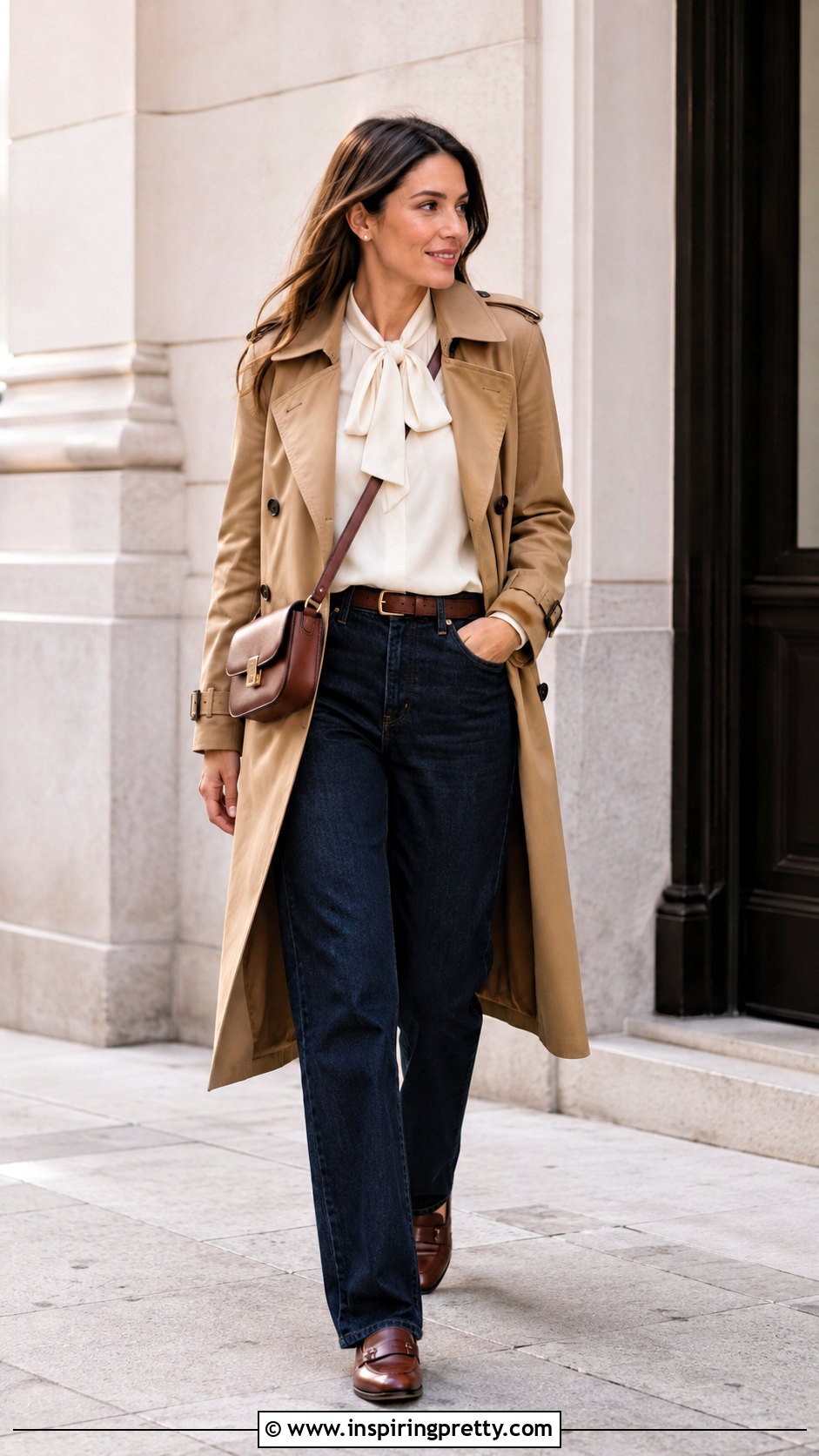Large Bow Top With Trench Coat And Jeans - 25 Large Bow Top outfit ideas