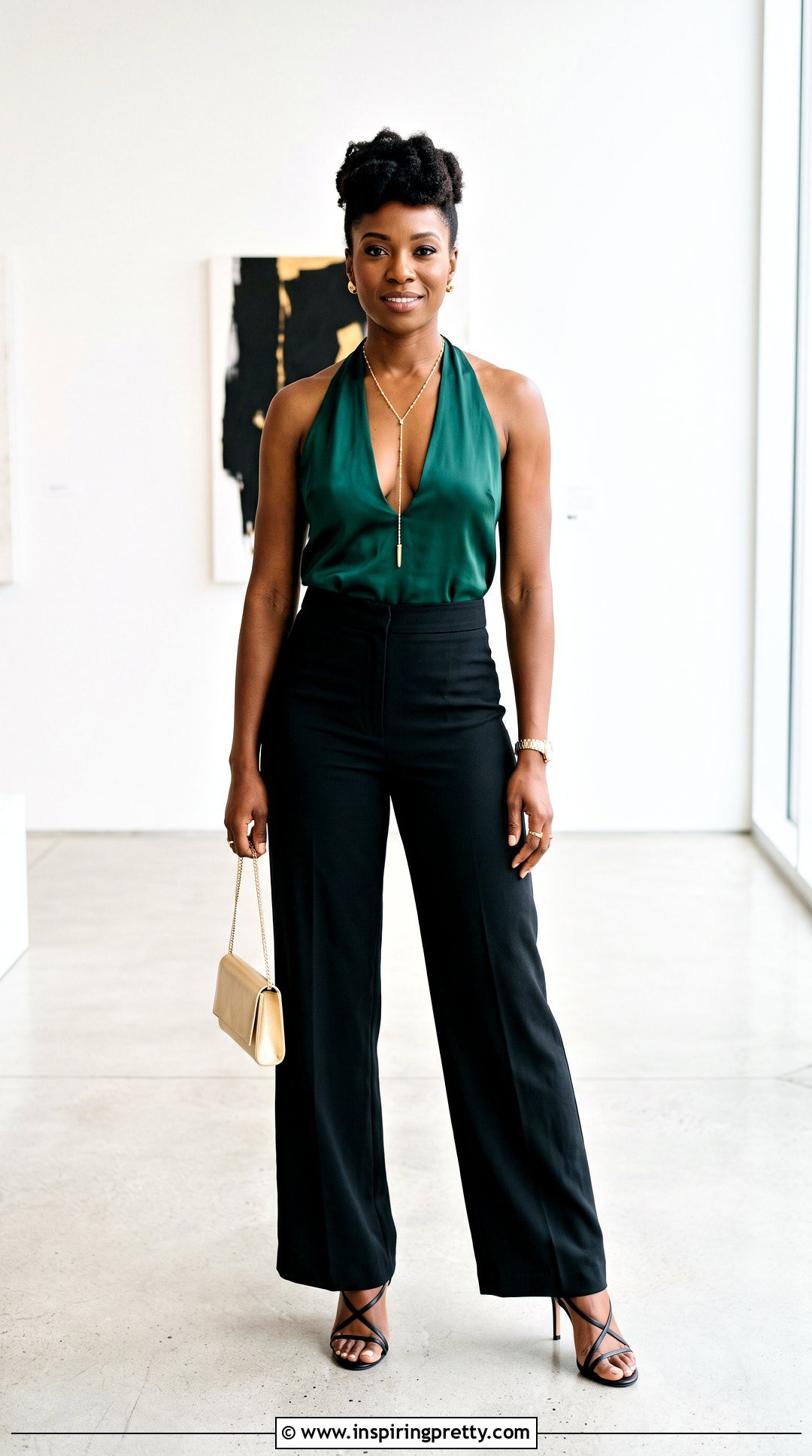 Lariat Necklace With Deep V Halter Top And Wide Leg Pants - 25 Necklace To Wear With Halter Top outfit ideas