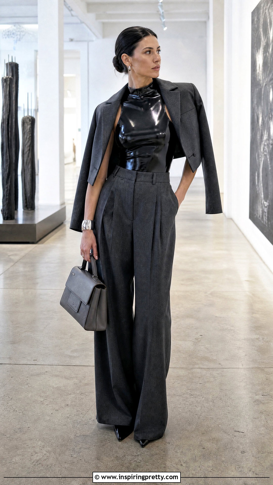 Latex Top With Gray Tailored Pants - 50 latex top outfit ideas