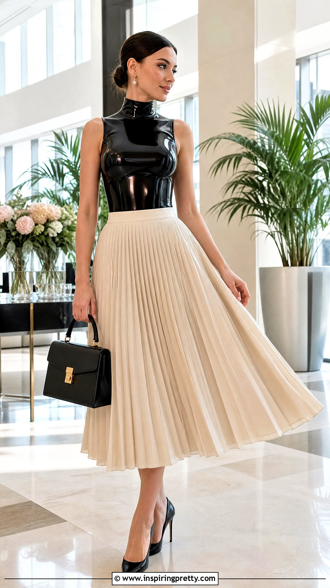 Latex Top With Pleated Midi Skirt - 50 latex top outfit ideas
