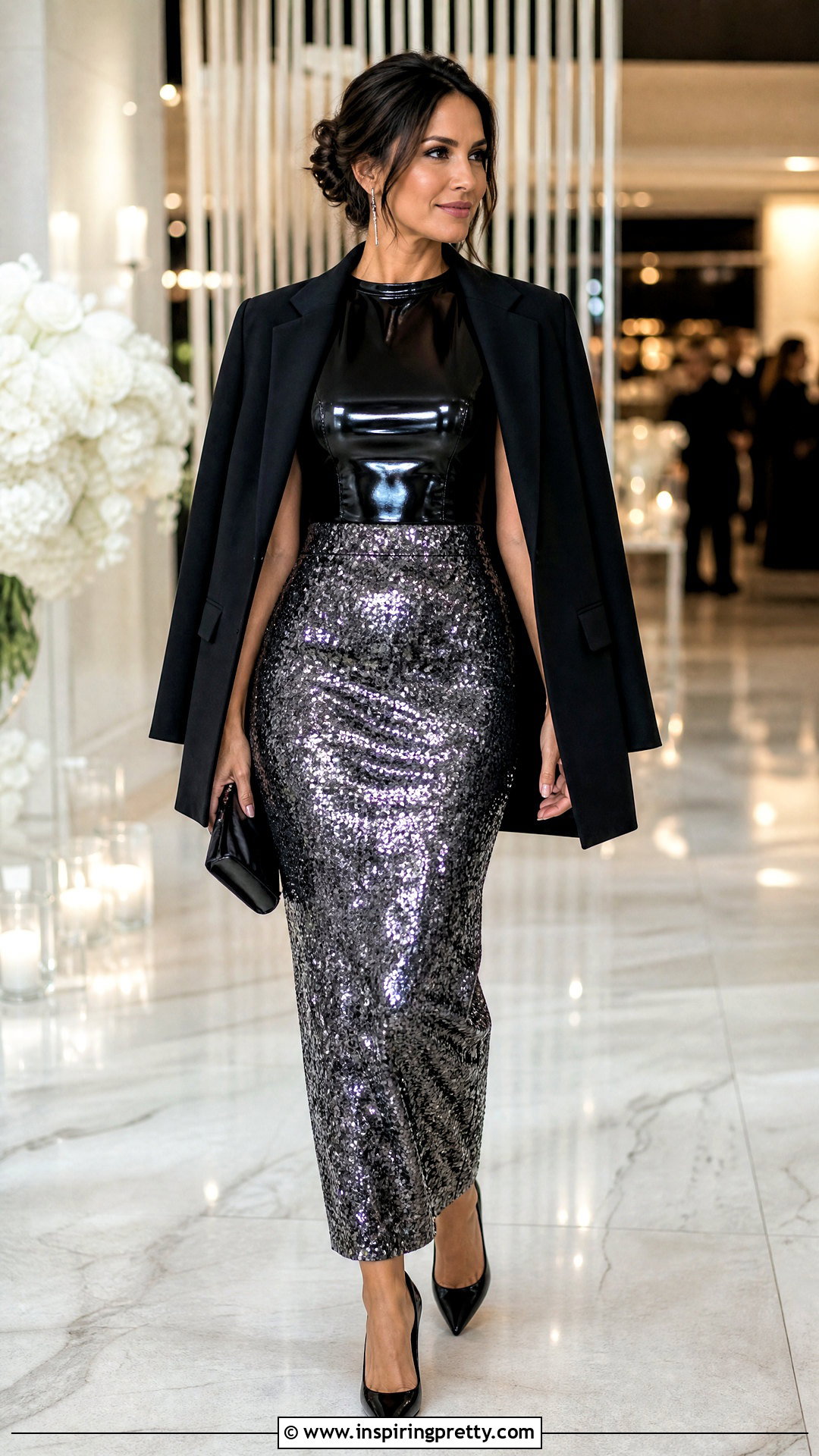 Latex Top With Sequin Midi Skirt - 50 latex top outfit ideas
