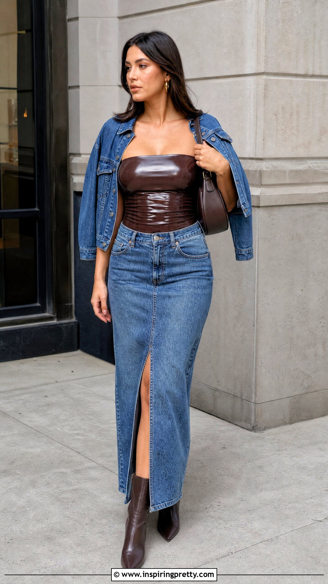 Latex Tube Top With Denim Maxi Skirt - 25 latex tube top outfit ideas
