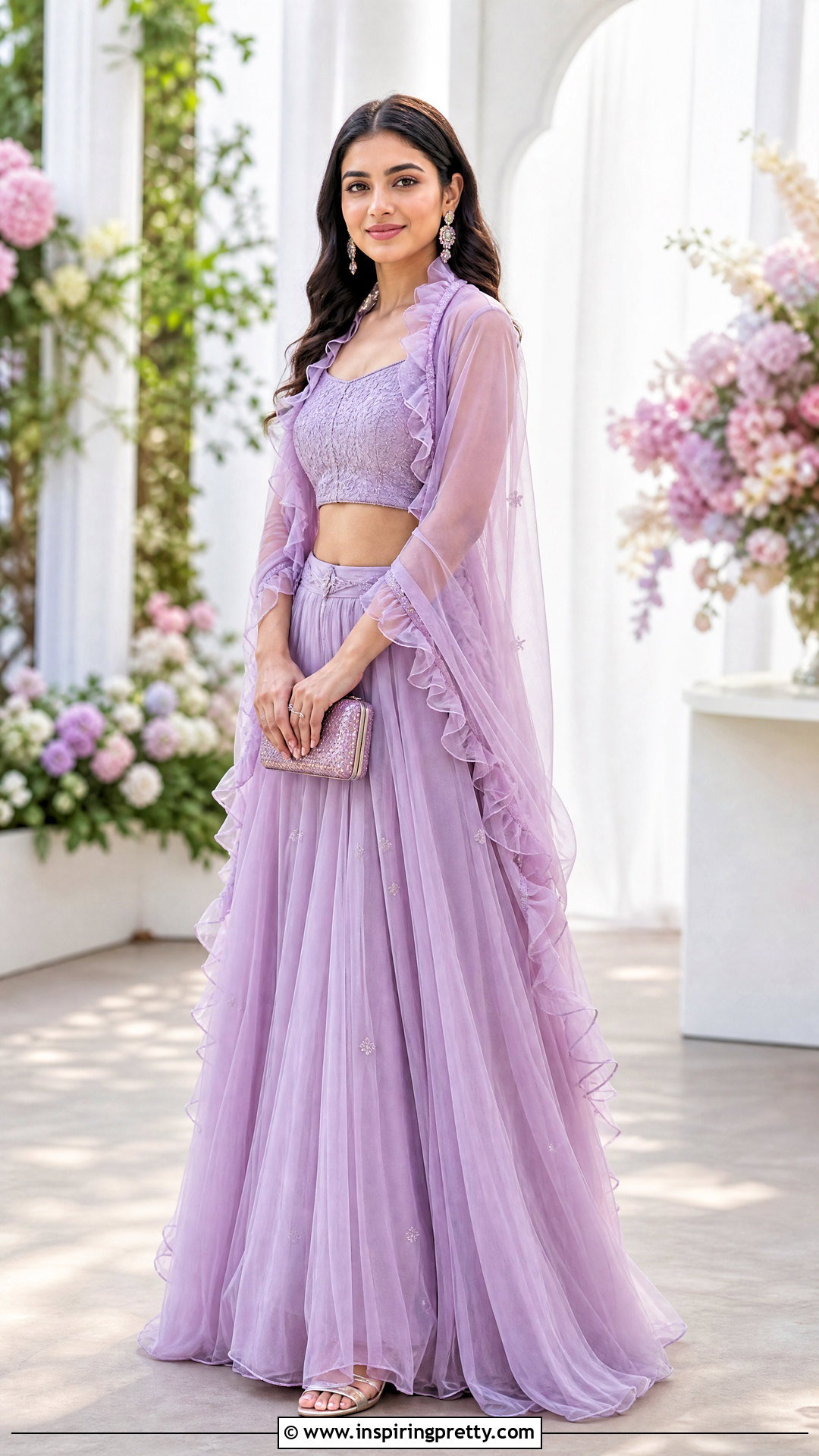 Lavender Crop Top Lehenga With Ruffle Jacket - 50 crop top lehenga with jacket outfit ideas