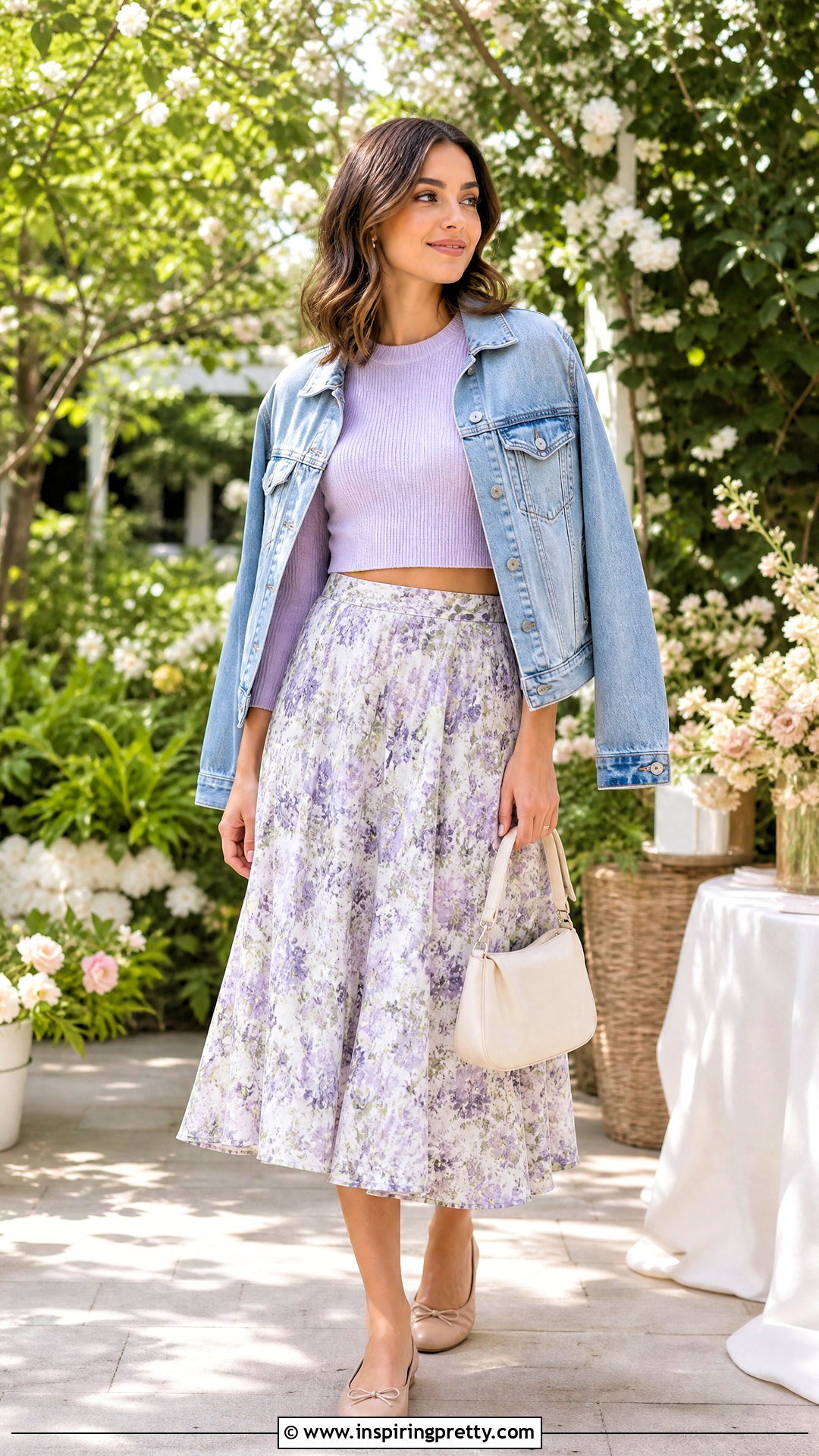 Lavender Crop Top Sweater With Floral Midi Skirt - 20 Purple Crop Top Sweater outfit ideas