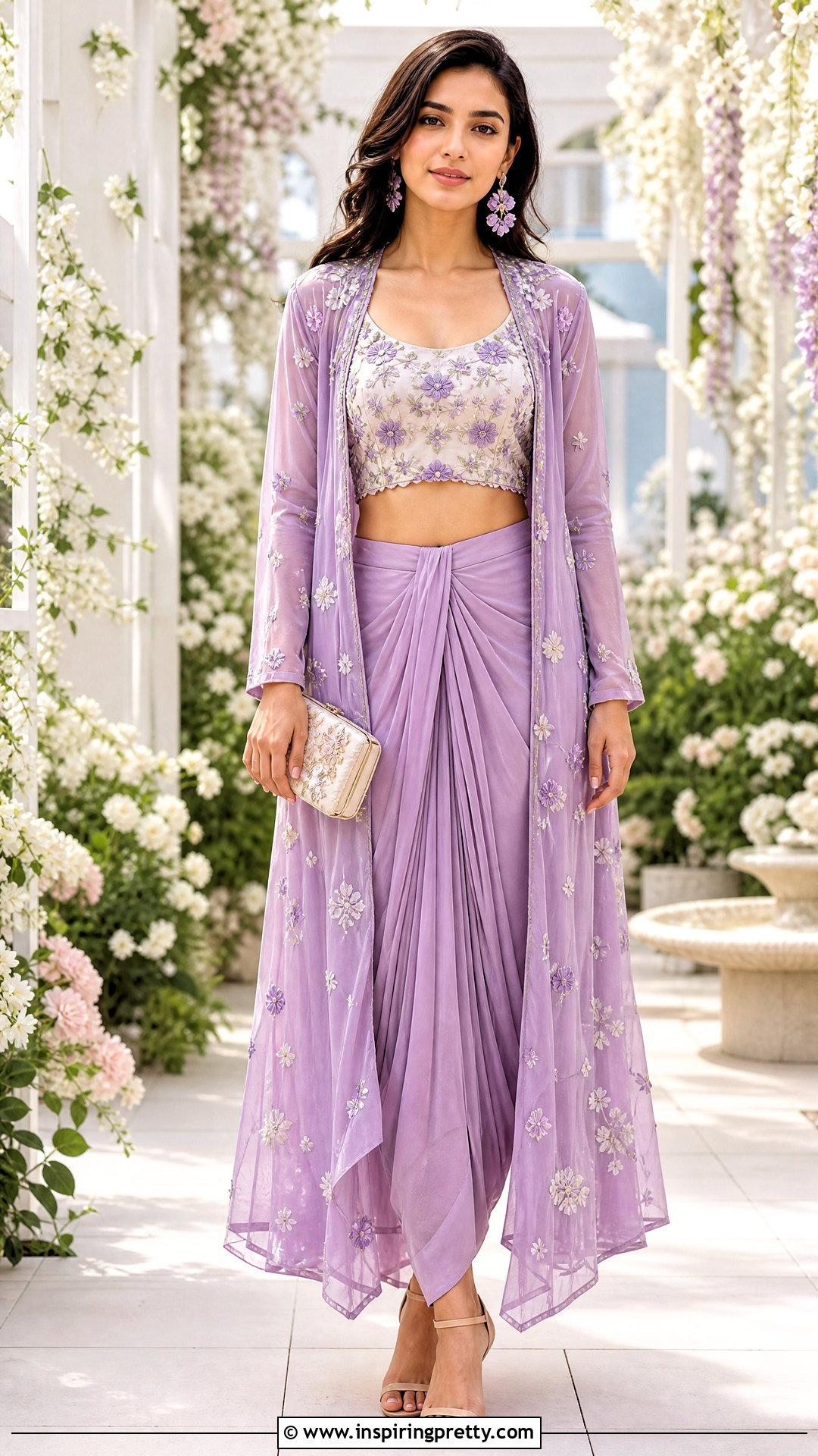 Lavender Dhoti Skirt With Floral Crop Top And Jacket - 25 dhoti skirt with crop top and jacket outfit ideas