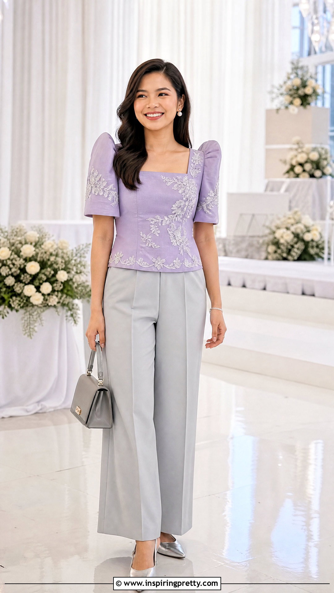 Lavender Filipiniana Top With Gray Wide Leg Pants - 50 filipiniana top and pants