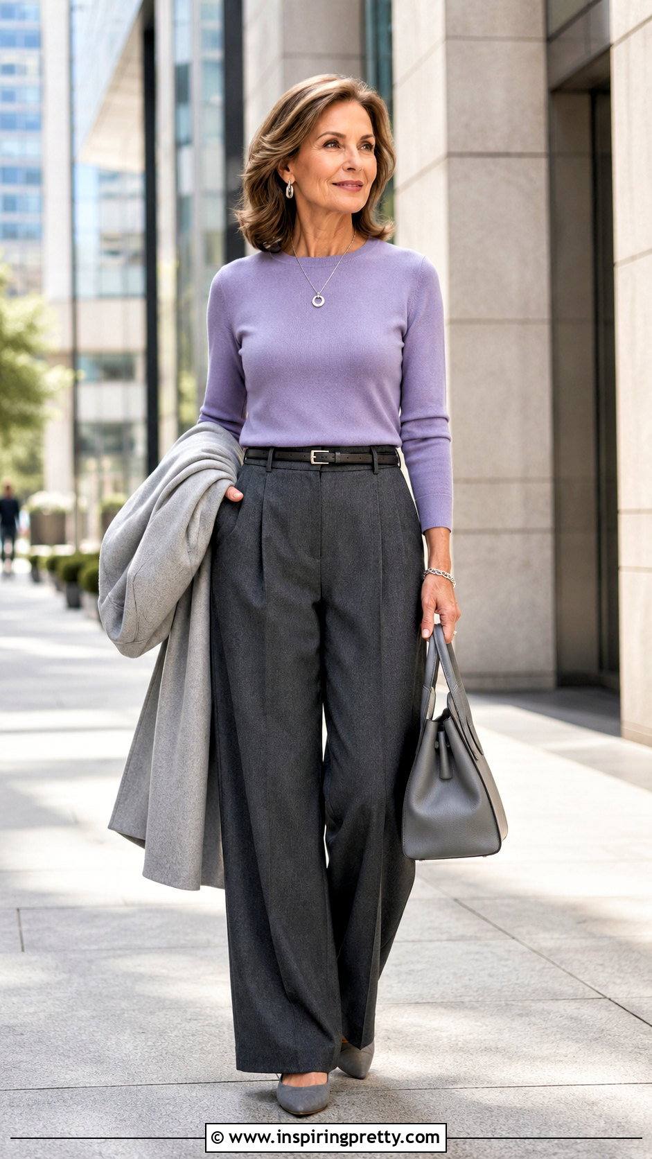 Lavender Knit Top With Gray Trousers - 50 pretty tops outfit ideas