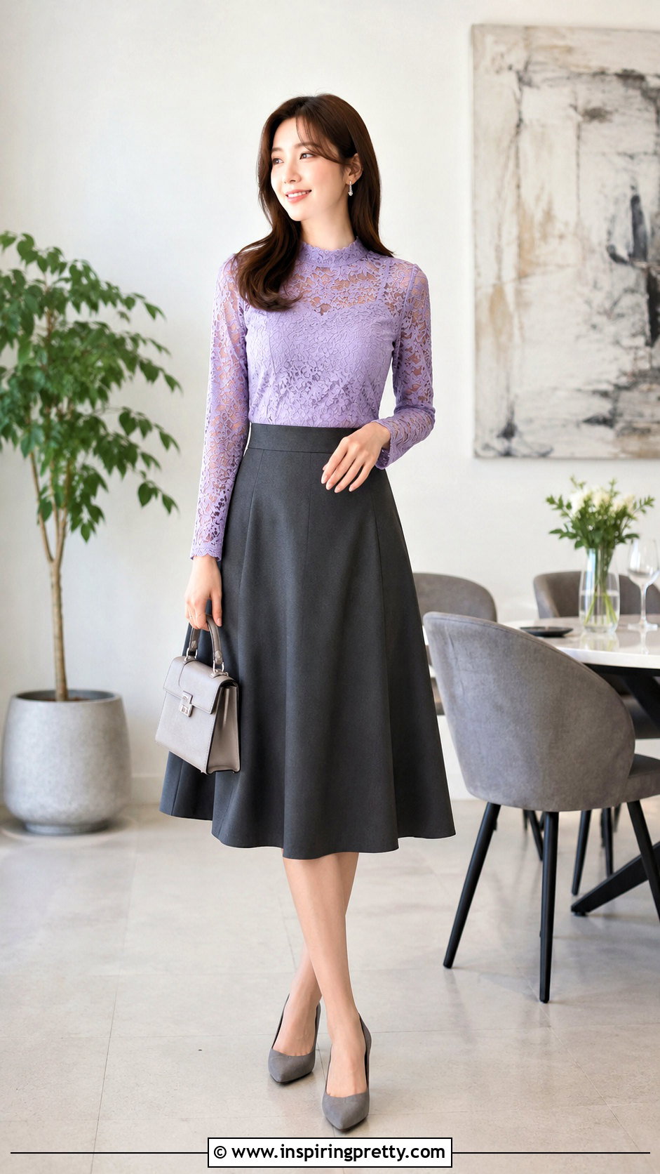 Lavender Lace Long Sleeve Top With Gray Skirt - 50 lace long sleeve top outfit ideas