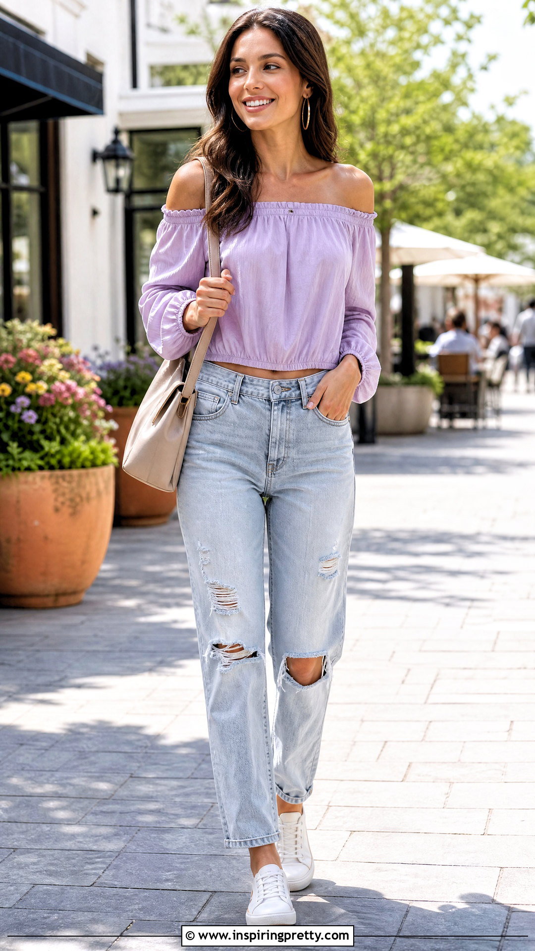 Lavender Off Shoulder Top With Ripped Jeans - 25 Lavender Top Outfit Jeans
