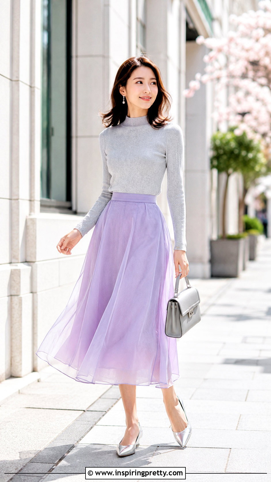 Lavender Organza Skirt With Fitted Knit Top - 20 organza skirt and top outfit ideas