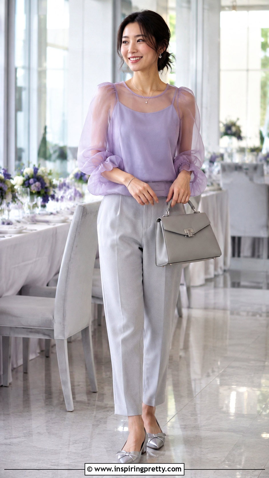 Lavender Organza Top With Gray Pants - 50 Organza Top Outfit ideas
