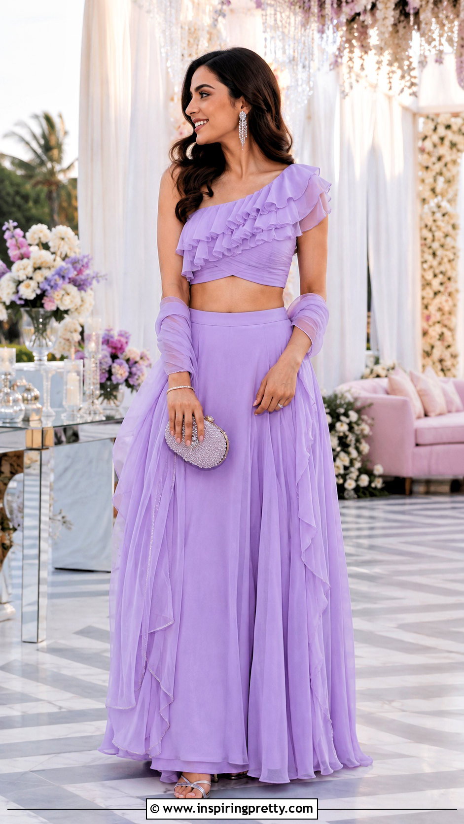 Lavender Ruffle Lehenga Crop Top Outfit - 50 party wear lehenga crop tops outfit ideas