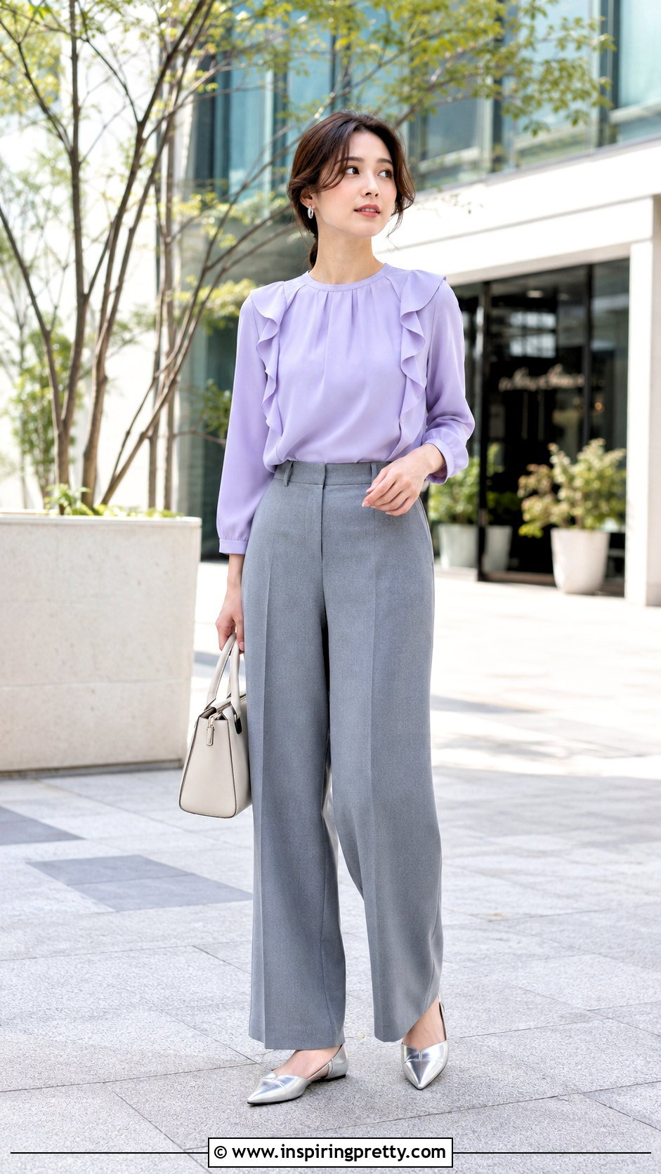 Lavender Ruffle Top With Gray Trousers - 50 girly tops outfit ideas