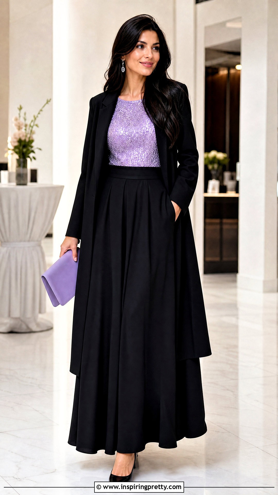 Lavender Sequin Top With Black Maxi Skirt - 25 Lavender Sequin Top outfit ideas