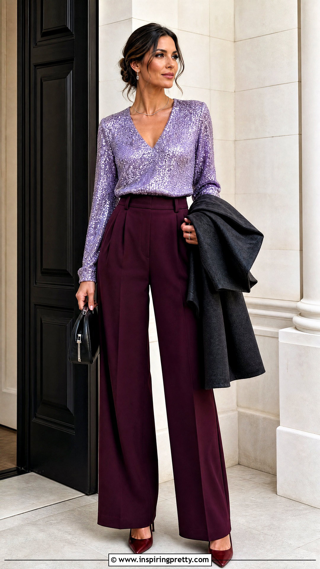 Lavender Sequin Top With Burgundy Trousers - 25 Lavender Sequin Top outfit ideas