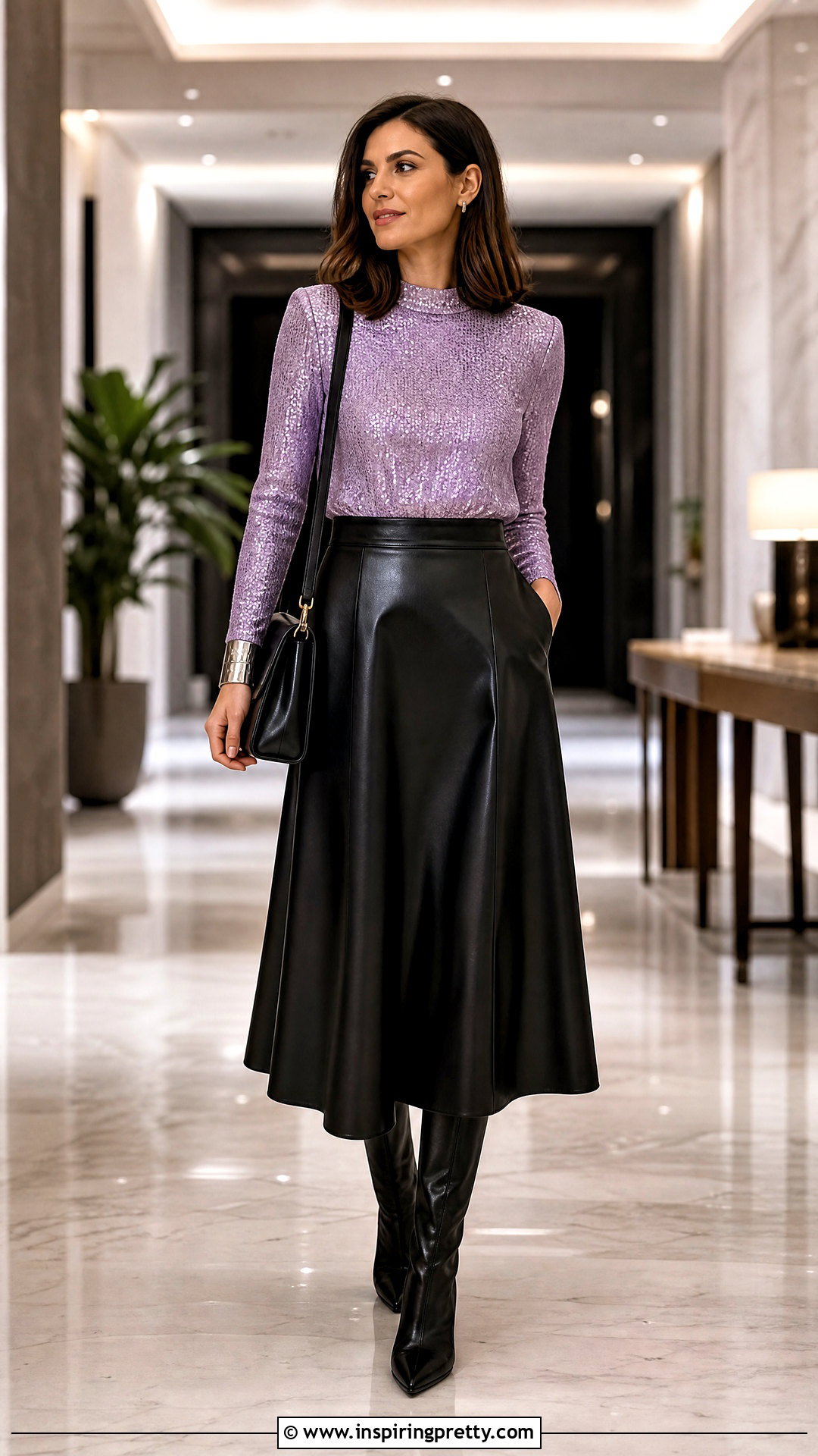 Lavender Sequin Top With Faux Leather Midi Skirt - 25 Lavender Sequin Top outfit ideas