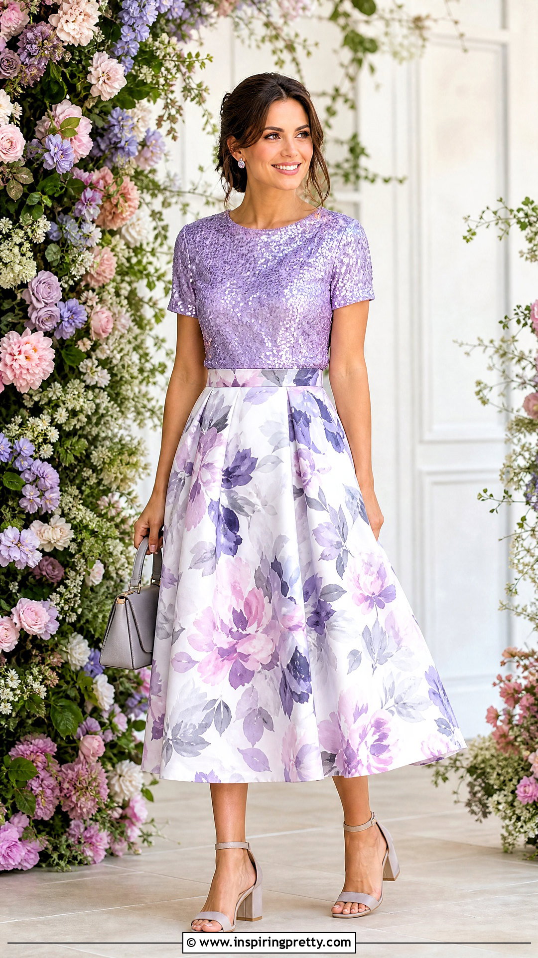 Lavender Sequin Top With Floral Midi Skirt - 25 Lavender Sequin Top outfit ideas