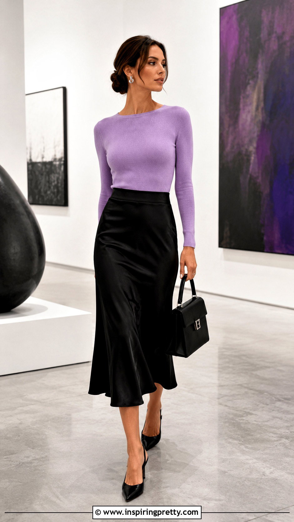 Lavender Top With Black Midi Skirt - 50 lavender top outfit ideas