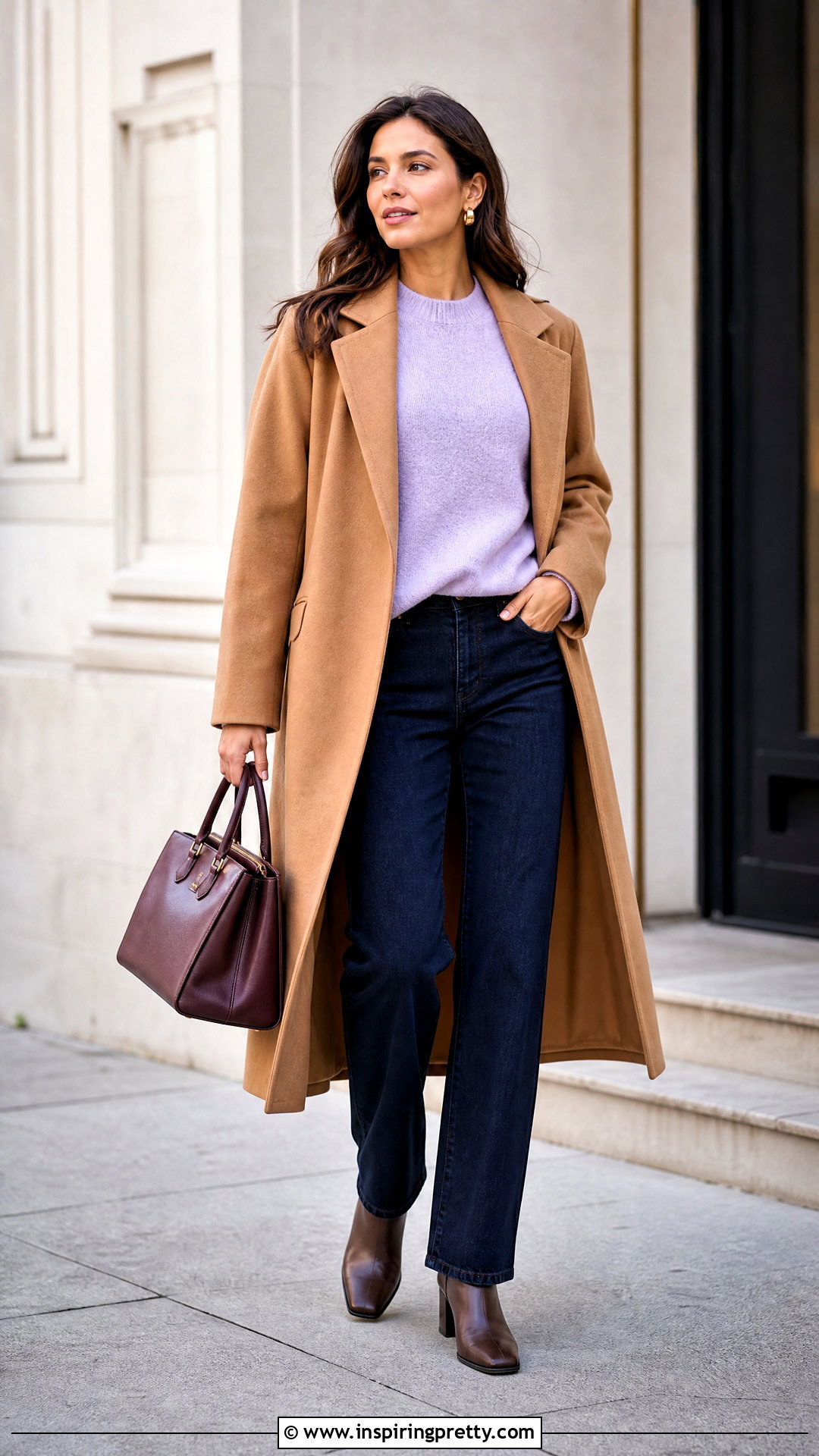 Lavender Top With Camel Coat - 50 lavender top outfit ideas