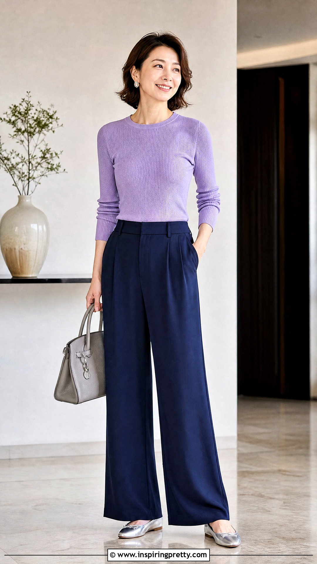 Lavender Top With Dark Blue Pants And Silver Flats - what color top to wear with blue pants (20 ways)