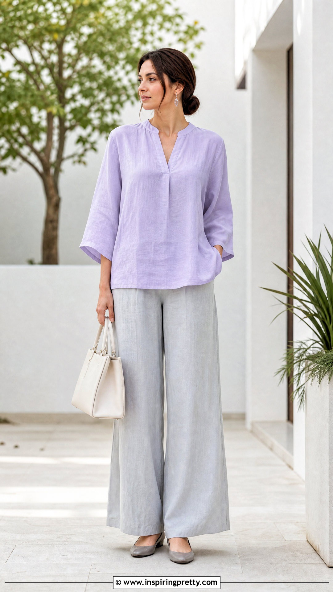 Lavender Top With Gray Linen Pants - 50 modest summer tops outfit ideas