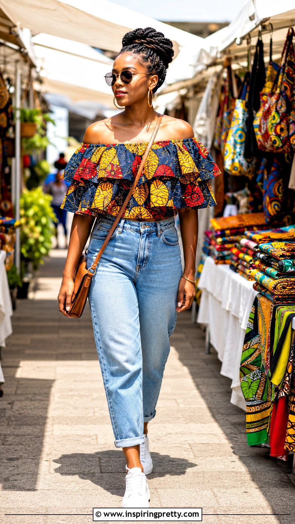 Layered Ankara Off Shoulder Top With Mom Jeans - 20 ankara tops with jeans off shoulder outfits