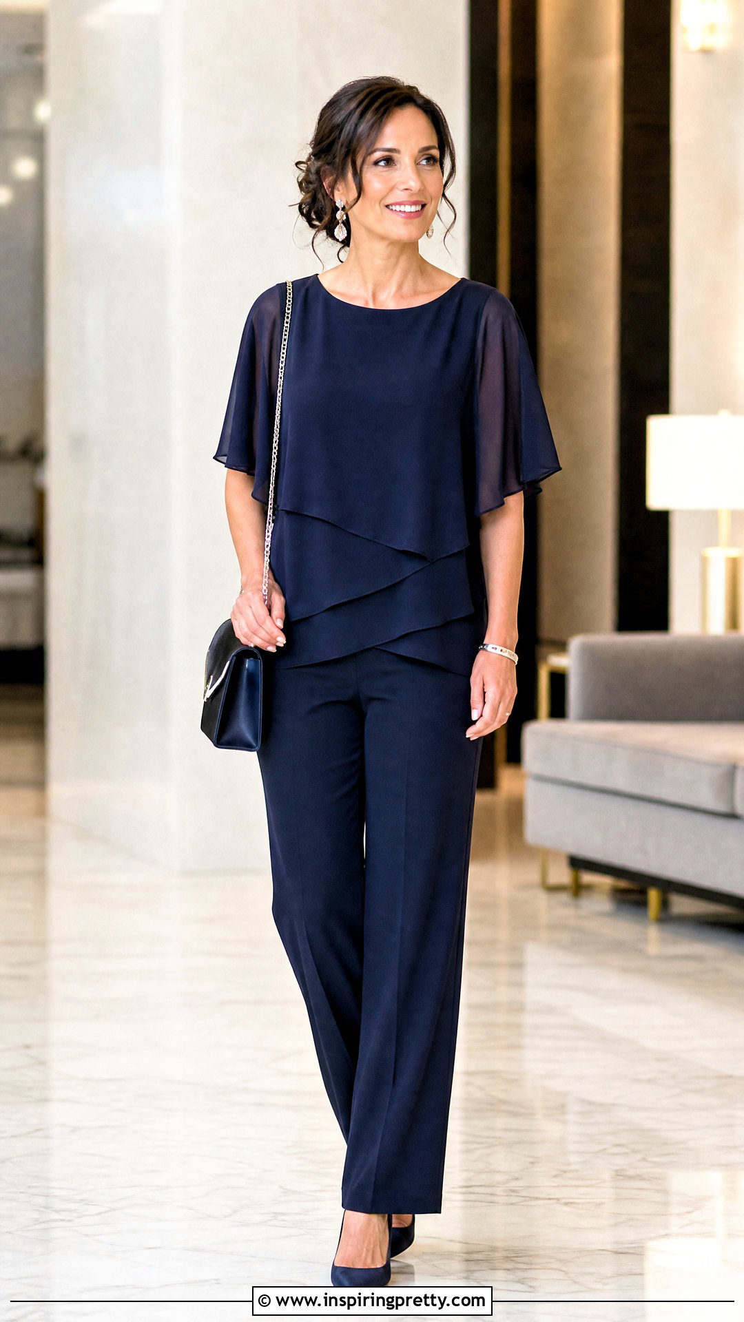 Layered Chiffon Top With Dress Pants - 25 Belly Hiding Tops outfit ideas