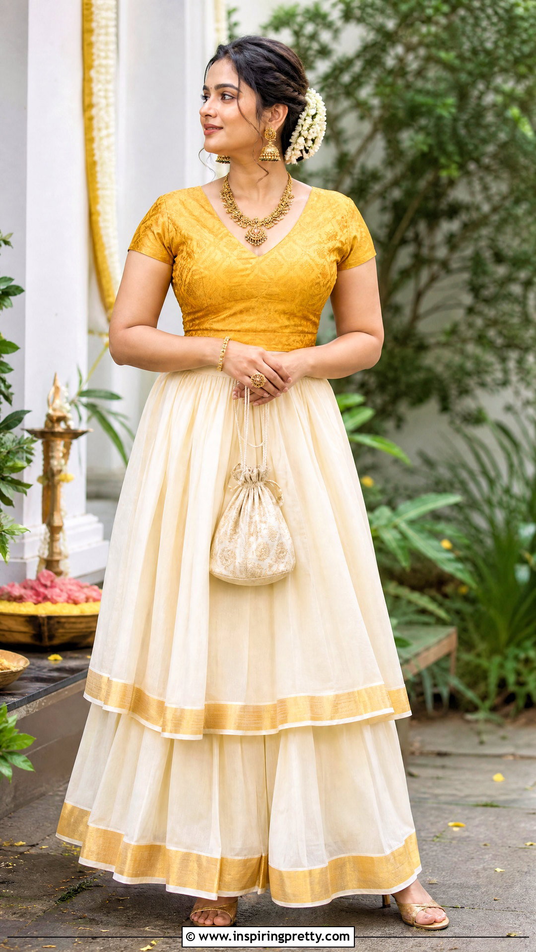 Layered Kasavu Onam Skirt And Mustard Brocade Top - 50 latest onam skirt and top designs
