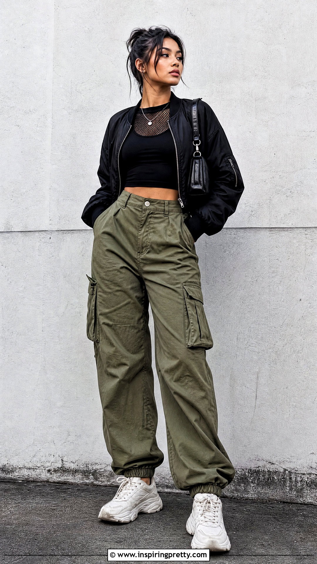 Layered Mesh Crop Top With Cargo Pants - 50 crop top styles