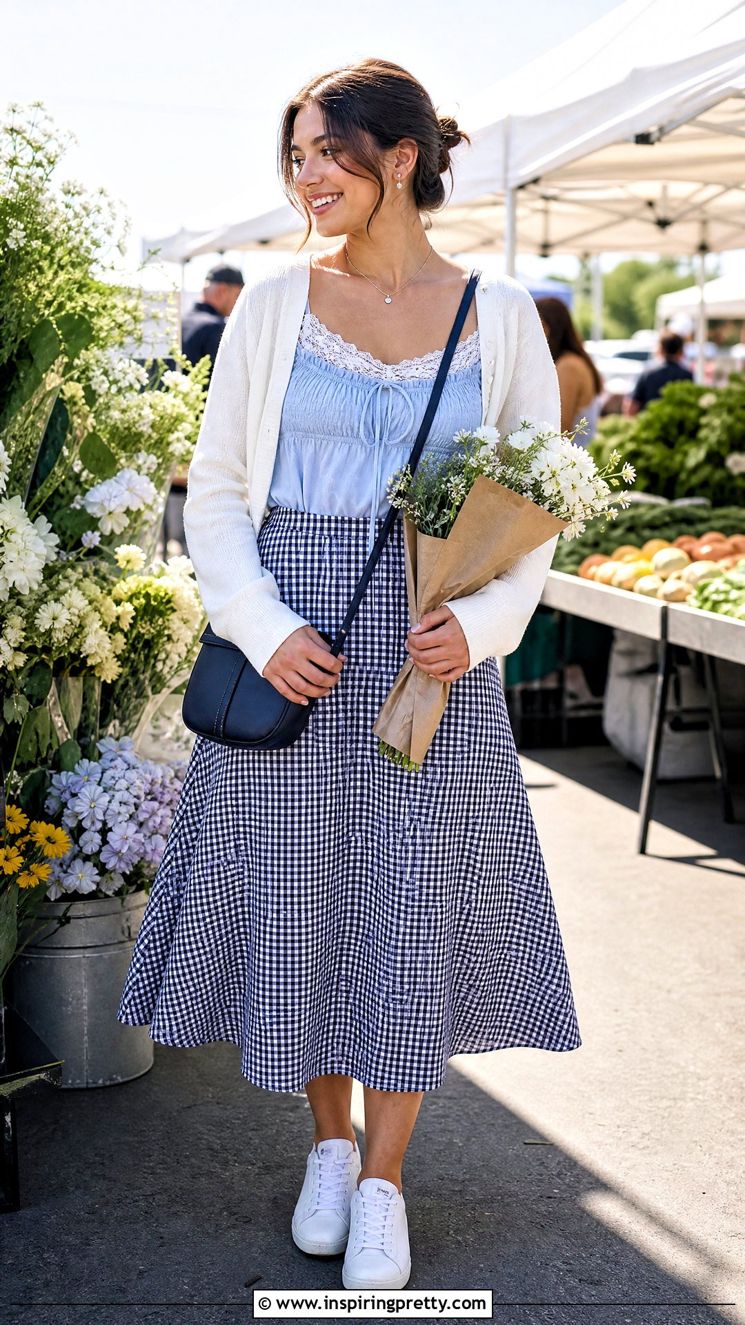 Layered Milkmaid Top With Gingham Midi Skirt - 25 Layered Milkmaid Top outfit ideas