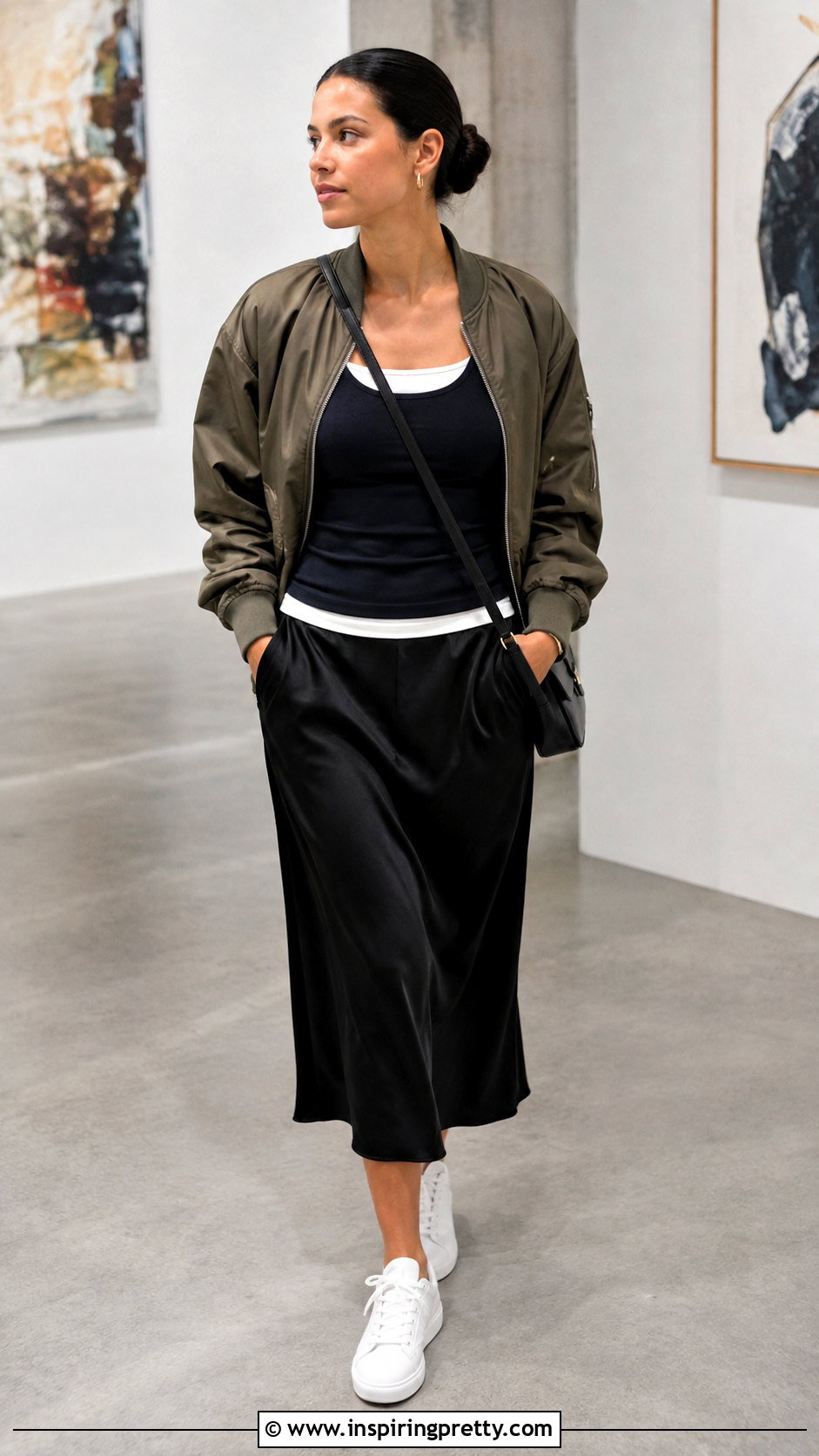 Layered Tank Top With Bomber Jacket And Midi Skirt - 50 layered tank top outfit ideas