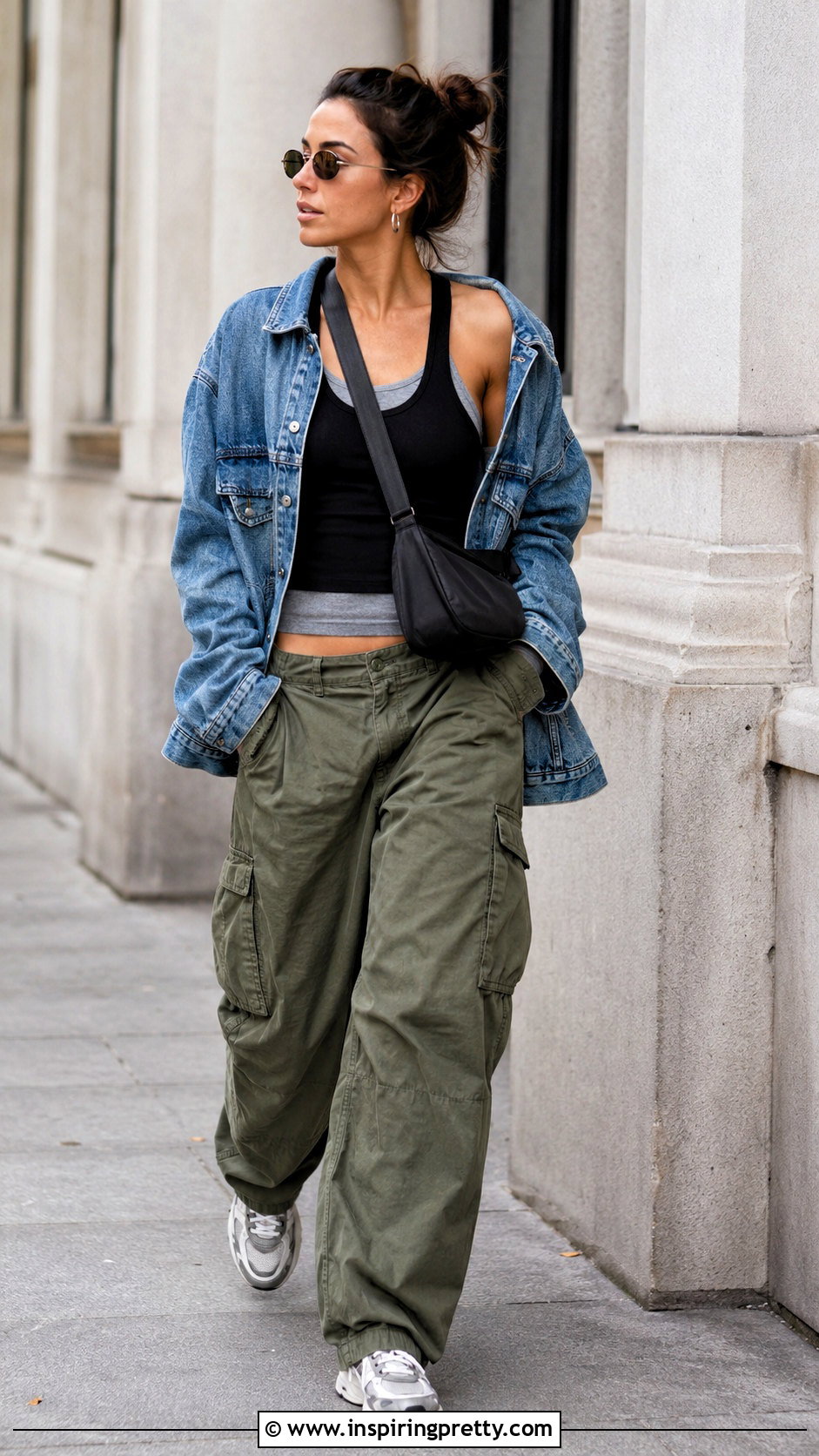Layered Tank Top With Denim Jacket And Cargo Pants - 50 layered tank top outfit ideas