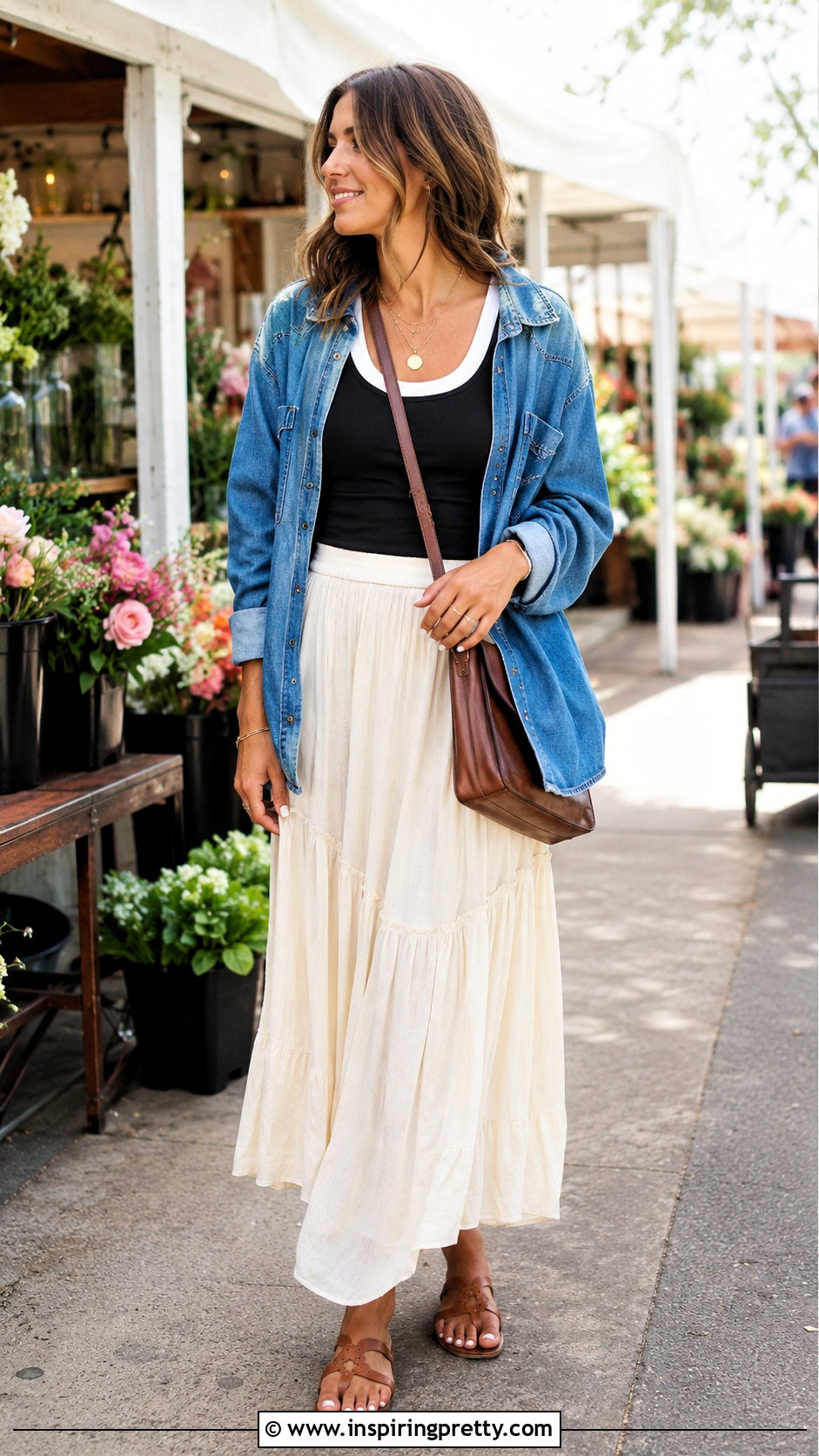 Layered Tank Top With Denim Shirt And Maxi Skirt - 50 layered tank top outfit ideas