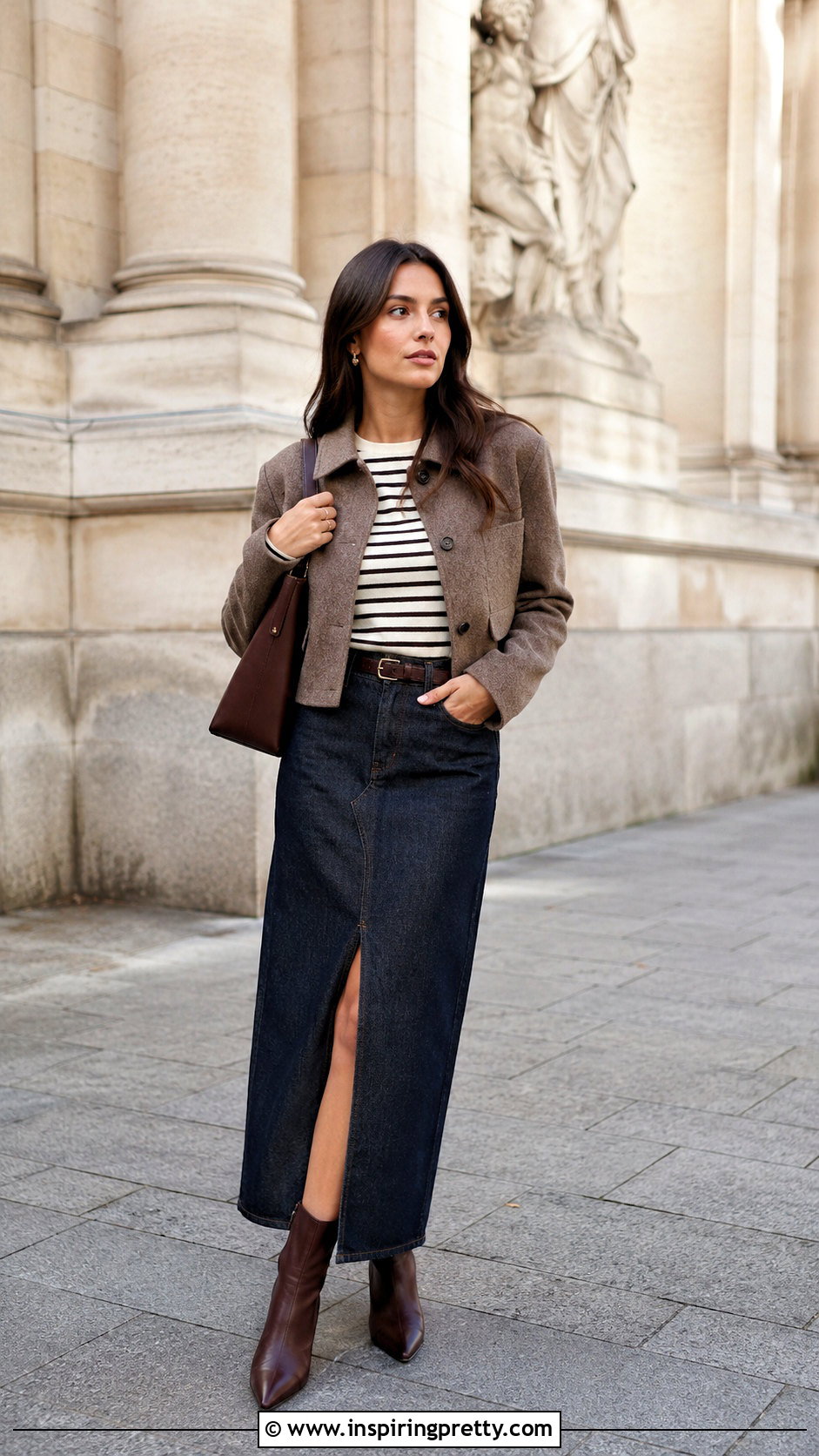 Leah Striped Top With Denim Maxi Skirt And Boots - 20 Leah Striped Top outfit ideas
