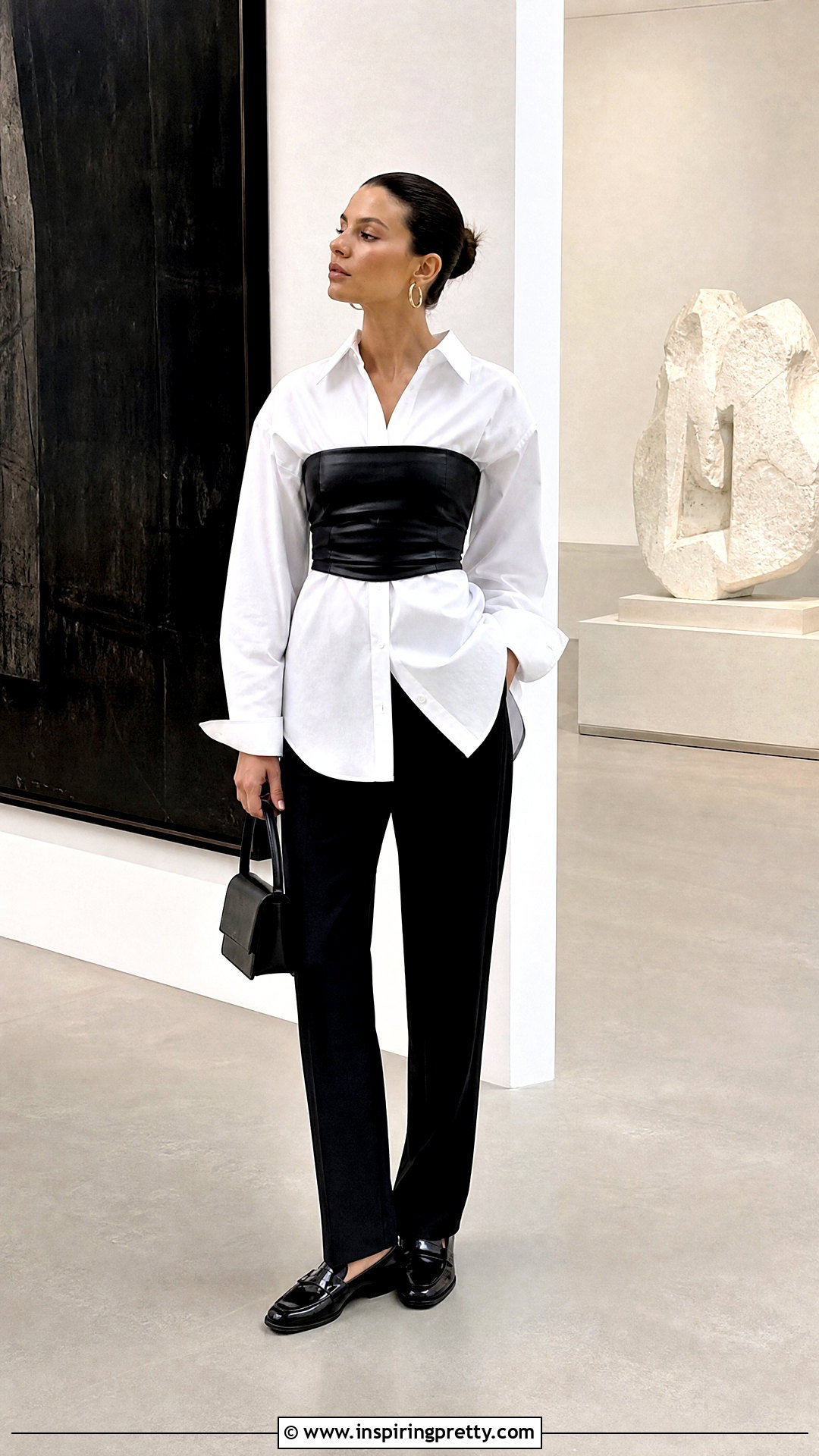 Leather Bandeau Over White Button Down Shirt - 25 Leather Top Outfit Women