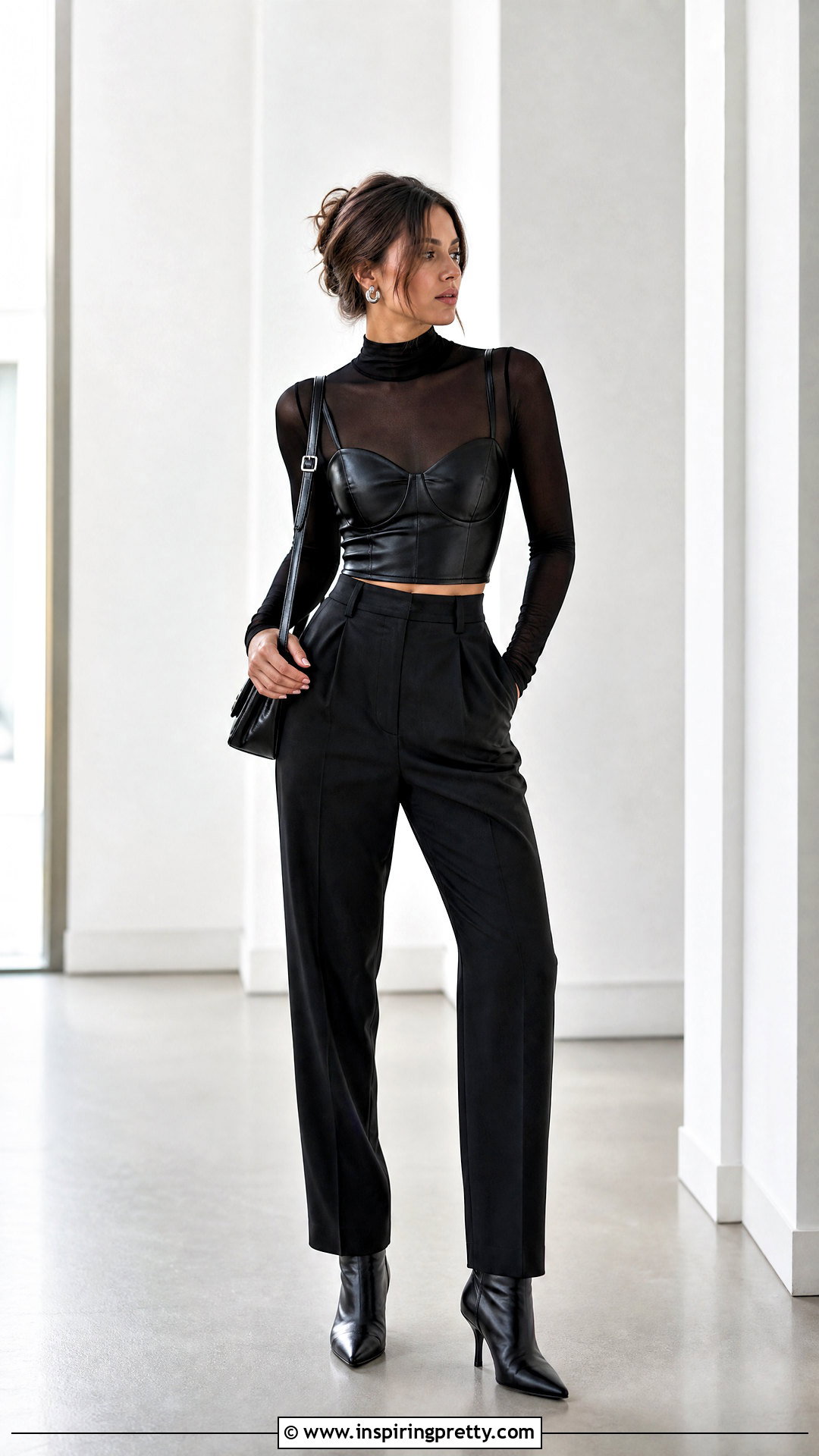Leather Bustier Crop Top With A Sheer Long Sleeve Layer - 20 Leather Bustier Crop Top outfit ideas